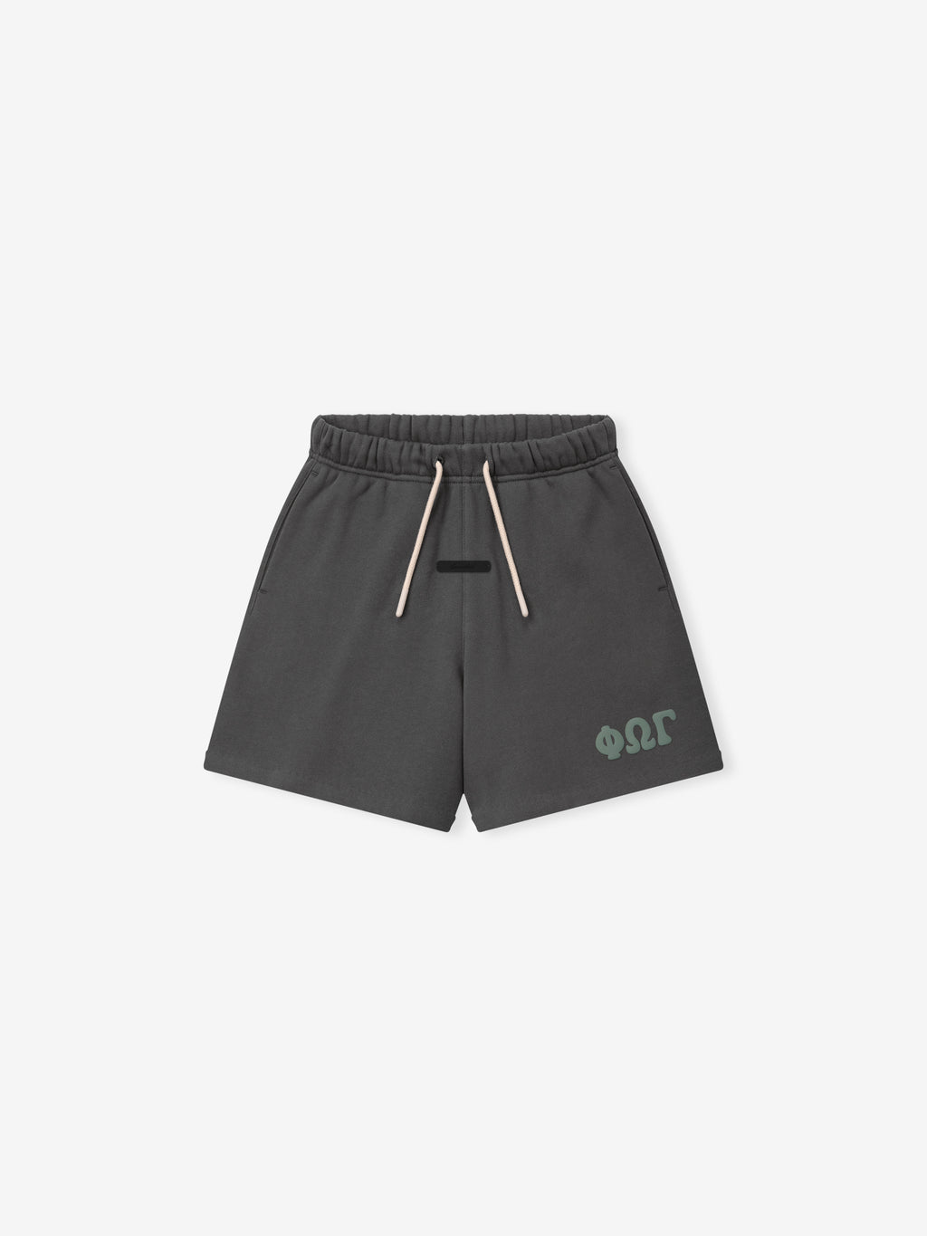 Kids Classic Sweatshort in a dark iron grey shade, featuring a soft elastic waistband with contrasting drawstrings and subtle embossed logo on the front for stylish kids bottoms.