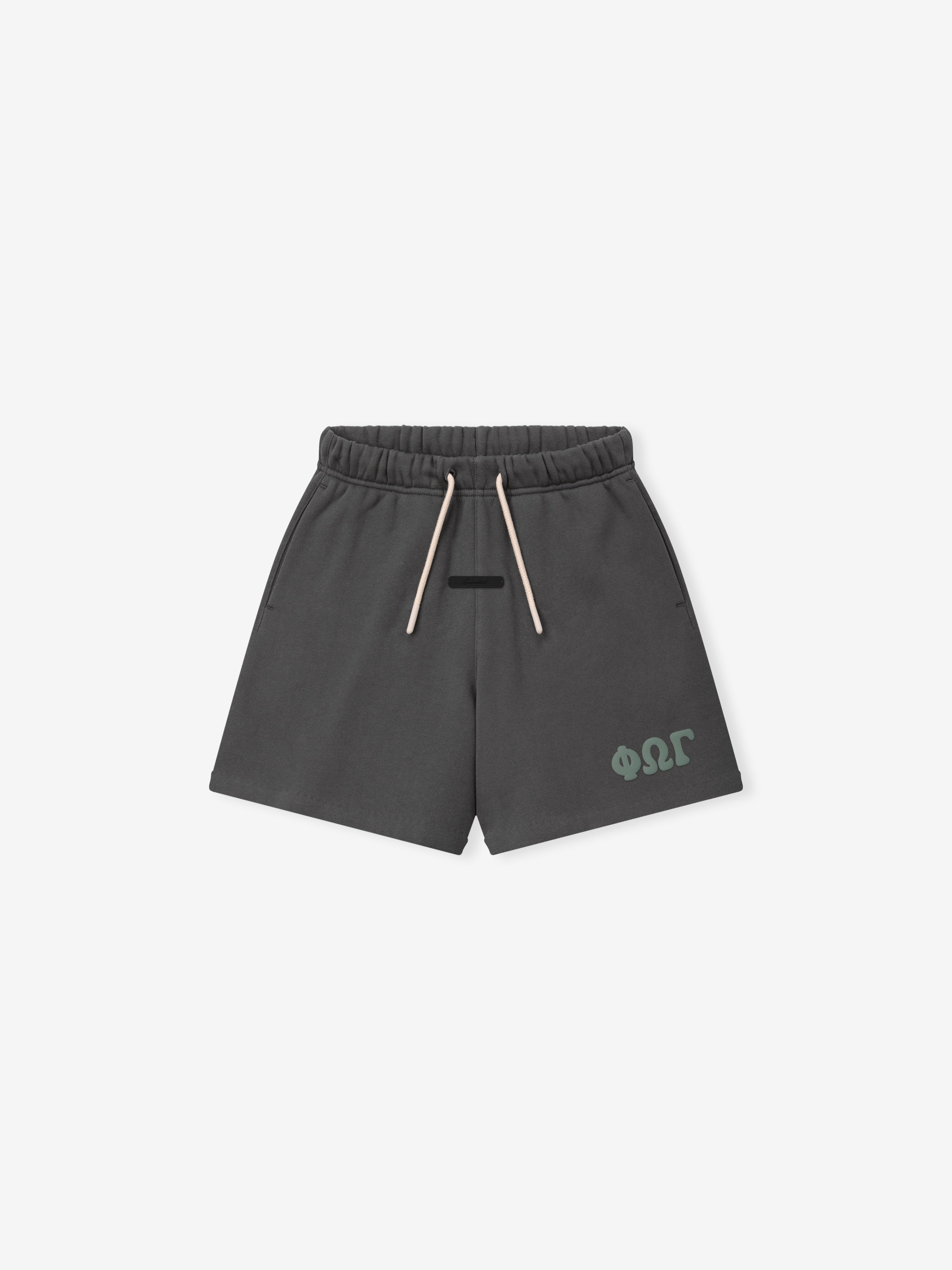 Kids Classic Sweatshort in a dark iron grey shade, featuring a soft elastic waistband with contrasting drawstrings and subtle embossed logo on the front for stylish kids bottoms.