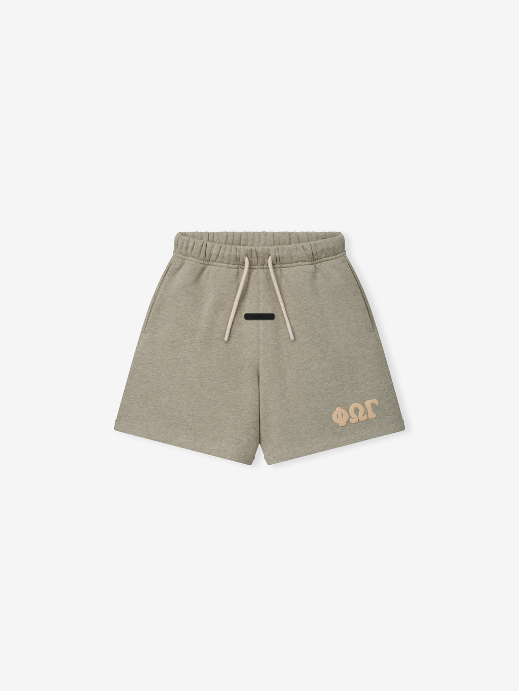Kids Classic Sweatshort in a muted seal heather shade, featuring a soft elastic waistband with beige drawstrings and subtle printed detailing for comfortable kids bottoms.
