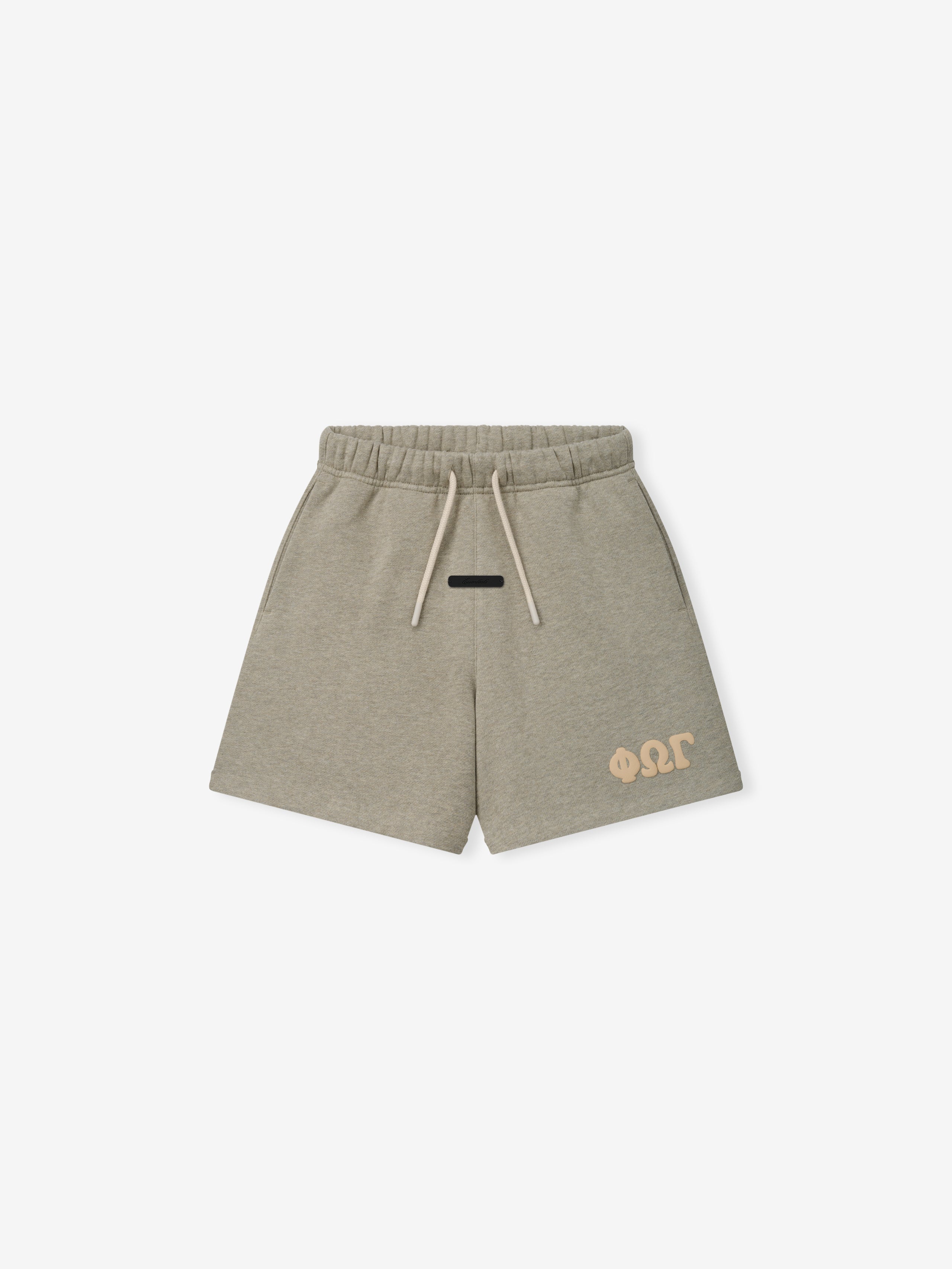 Kids Classic Sweatshort in a muted seal heather shade, featuring a soft elastic waistband with beige drawstrings and subtle printed detailing for comfortable kids bottoms.