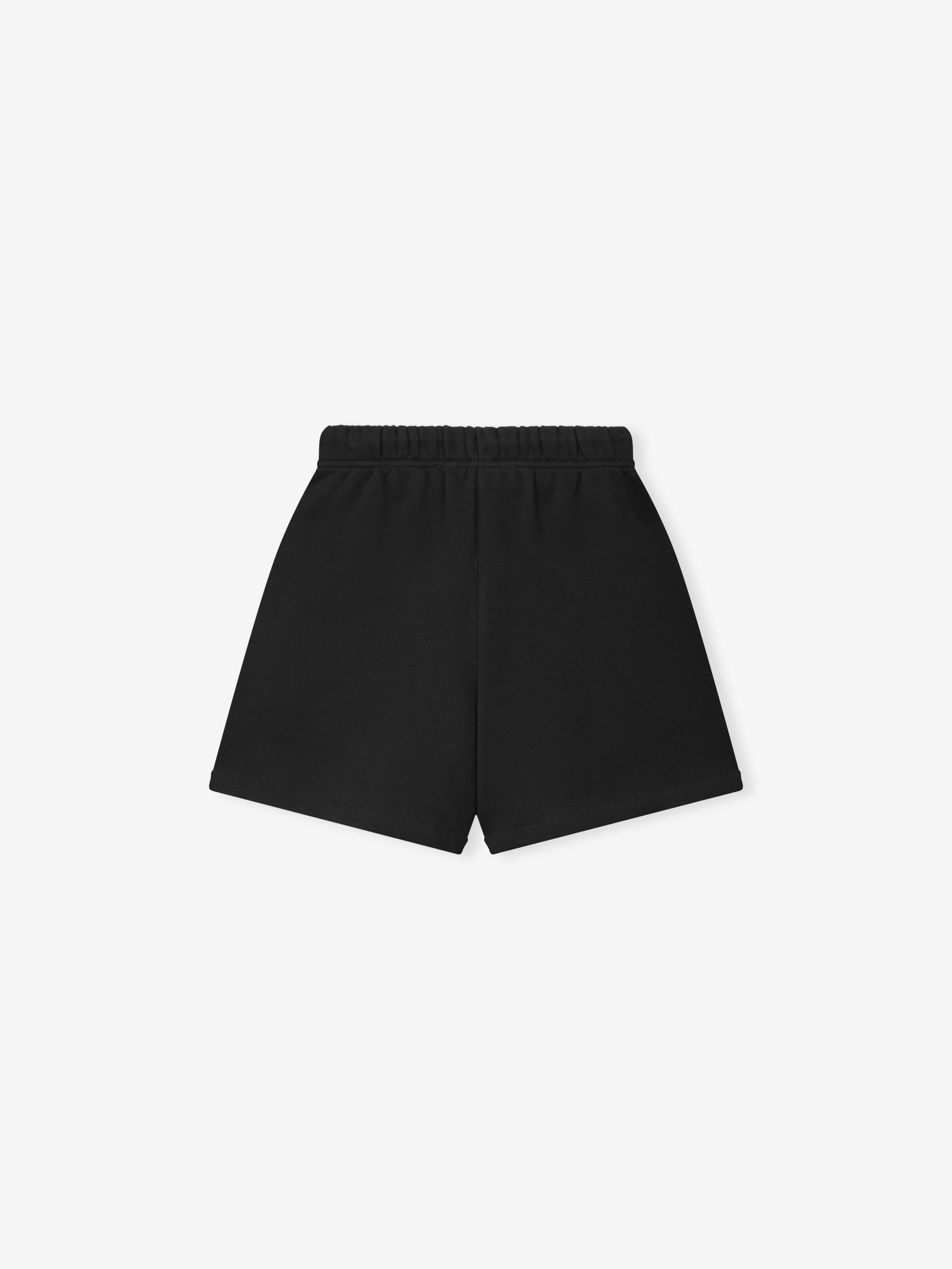 Kids Classic Sweatshort in a deep black color, designed with a soft elastic waistband for a secure fit, offering a simple and comfortable option for kids bottoms.