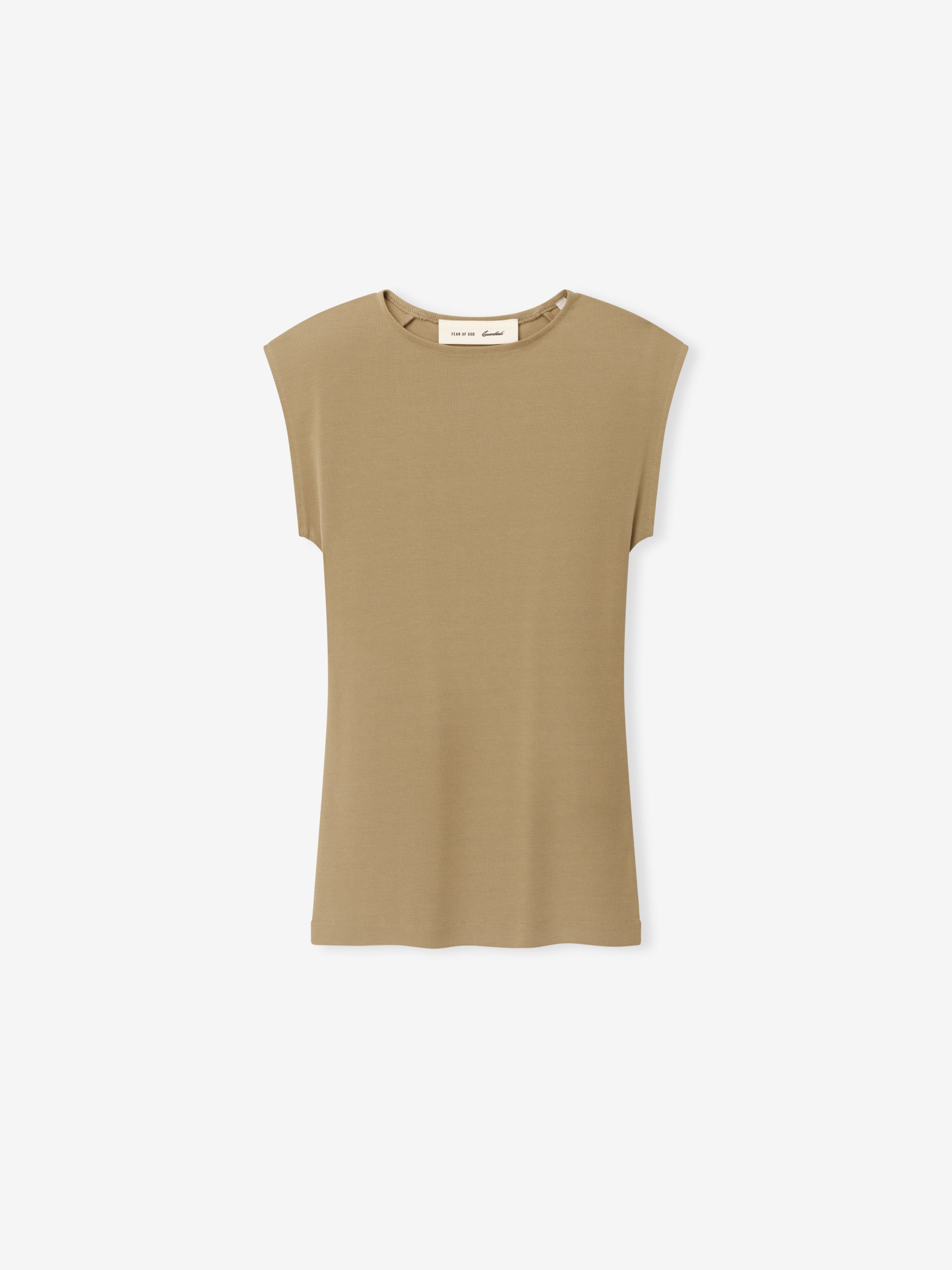 Womens Soft Rib Fitted Tank in a muted sandy beige, featuring a sleek, fitted silhouette with soft ribbed texture and short cap sleeves for a modern, versatile top.