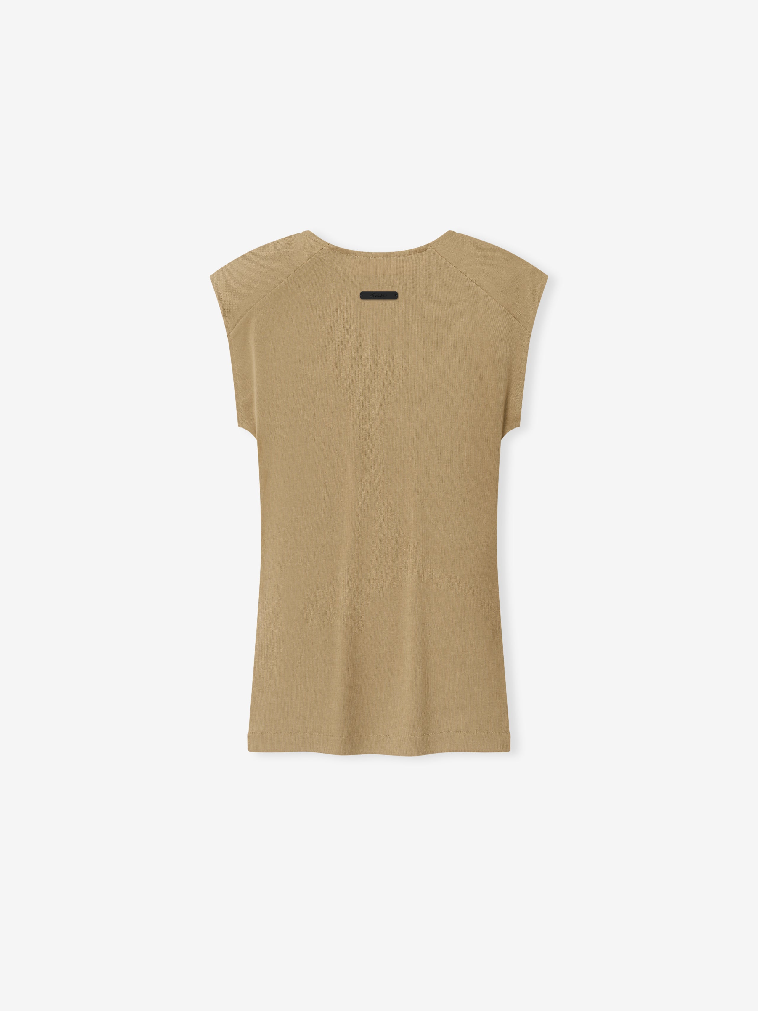 Womens Soft Rib Fitted Tank in a warm dune beige, featuring a smooth ribbed texture with a relaxed cap sleeve design and a minimalist back detail for an effortless casual top.