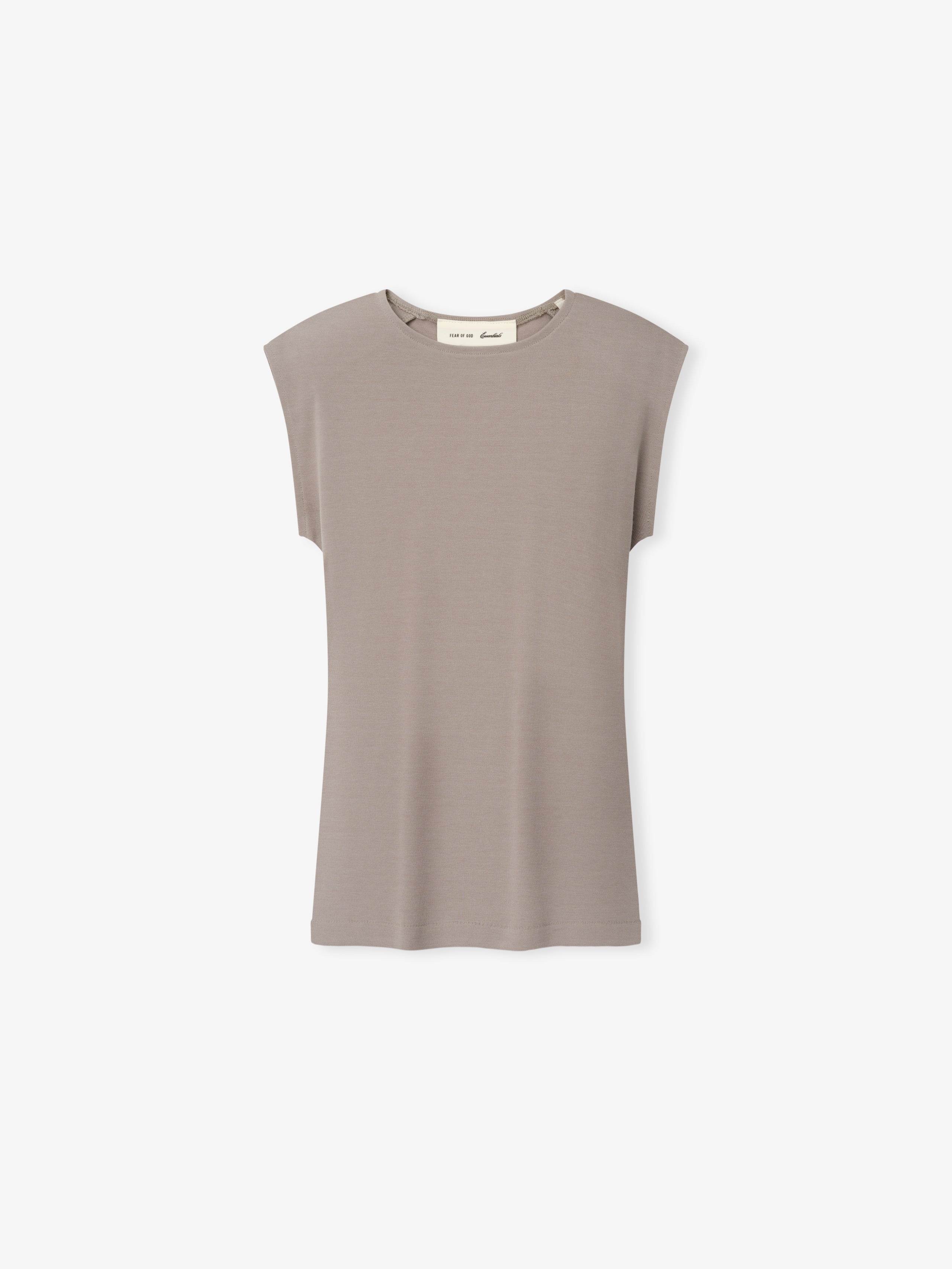 Soft Rib Fitted Tank in a muted taupe shade, featuring a sleek, fitted design with subtle cap sleeves and a smooth ribbed fabric for a minimalist, versatile top.