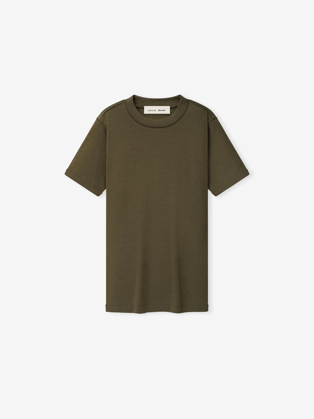 Womens Soft Rib Fitted T-Shirt in an earthy moss green tone, featuring a slim fit silhouette with short sleeves and a finely ribbed texture for a sleek, modern look.