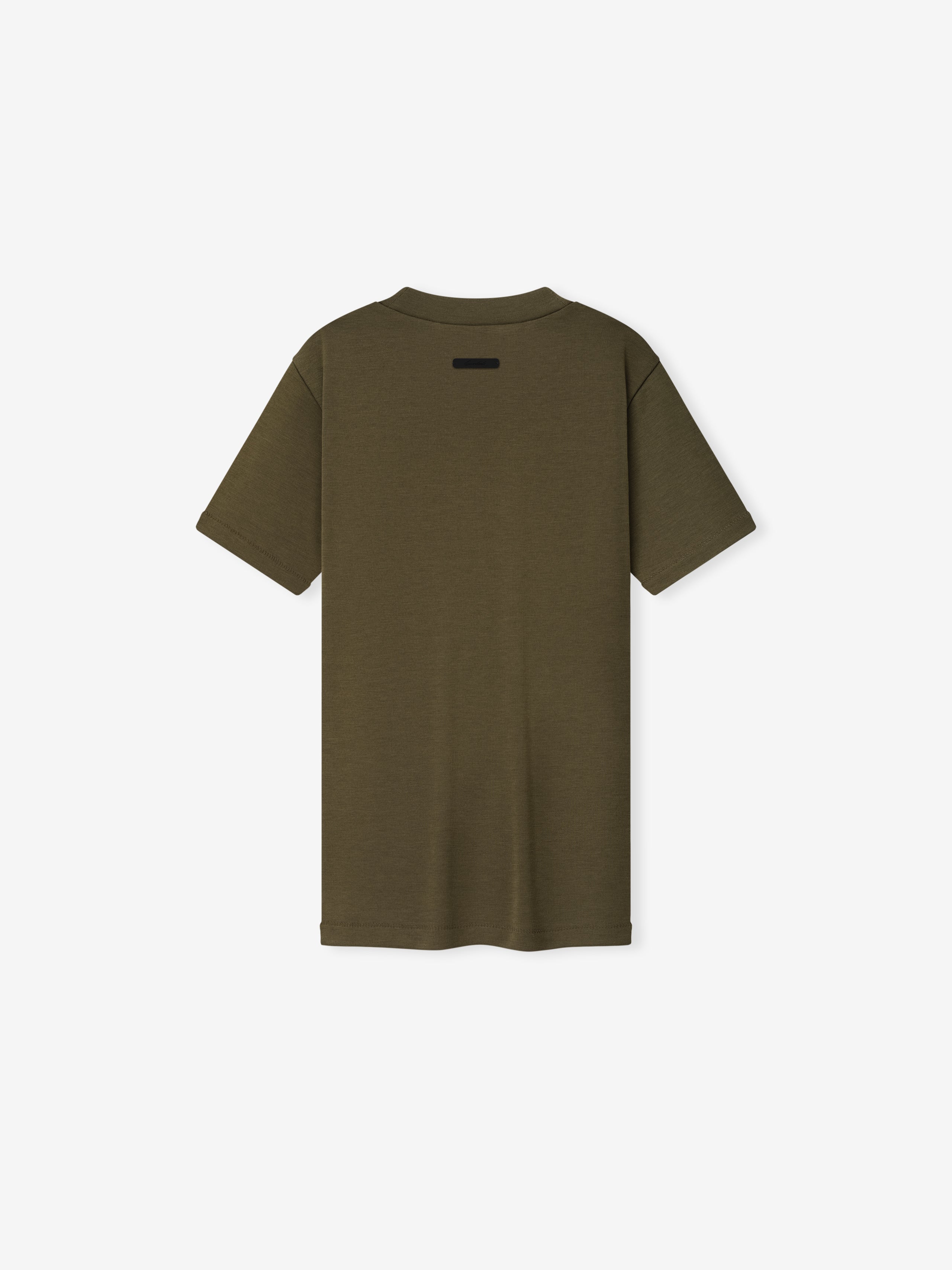 Womens Soft Rib Fitted T-Shirt in a subdued moss green, featuring a slim cut with short sleeves and a smooth ribbed fabric for a clean, modern top.