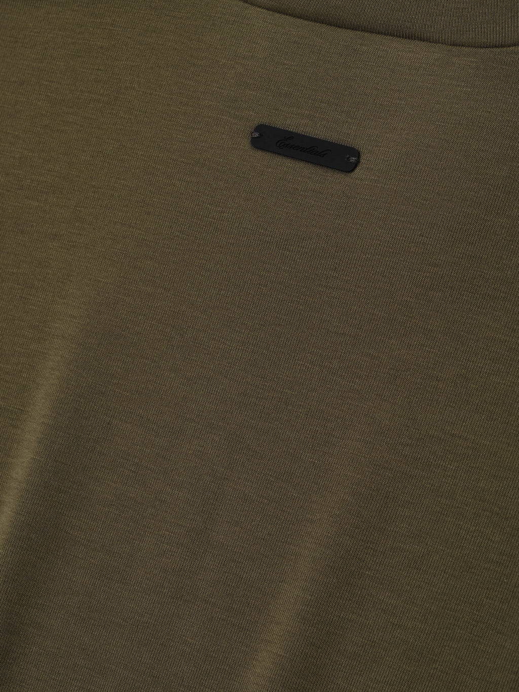 Womens Soft Rib Fitted T-Shirt in a muted olive green shade, featuring a finely ribbed texture with a small, discreet black logo patch for a refined casual top.