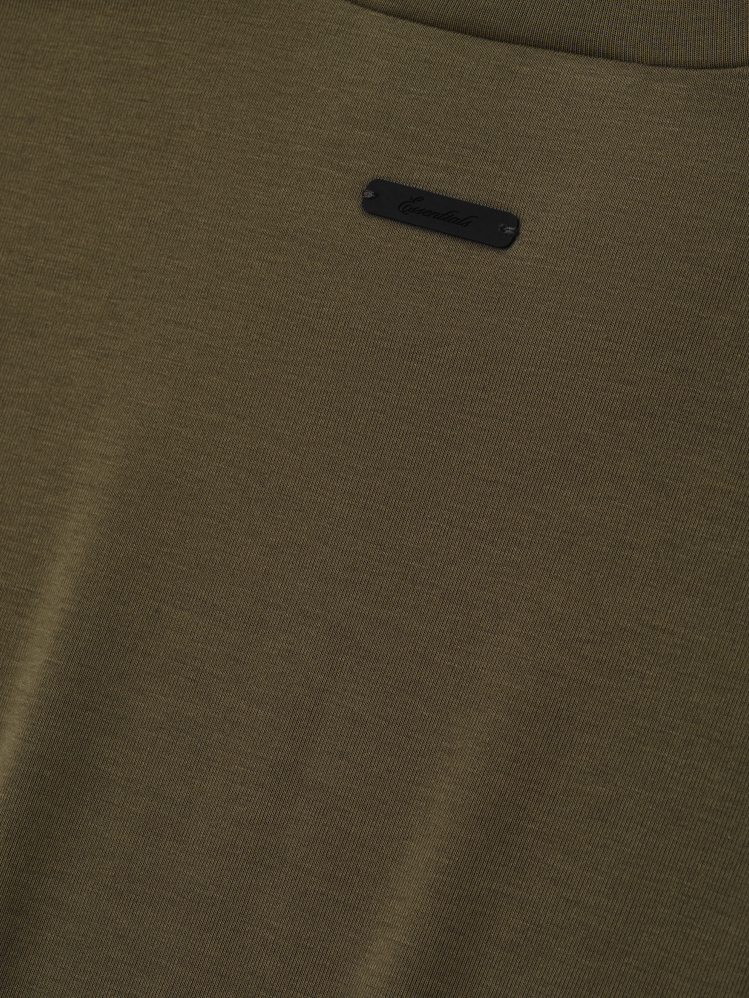 Womens Soft Rib Fitted T-Shirt in a muted olive green shade, featuring a finely ribbed texture with a small, discreet black logo patch for a refined casual top.