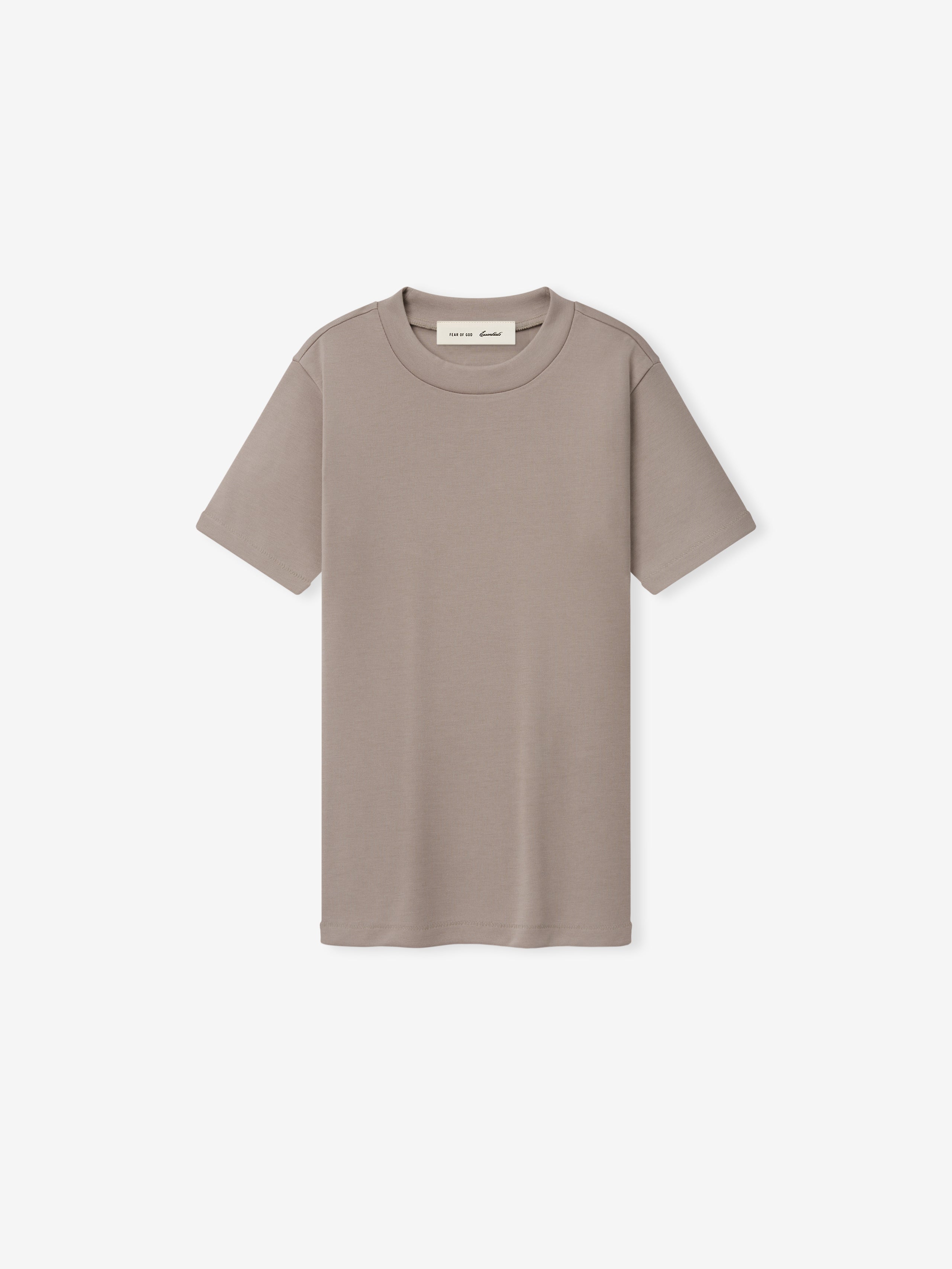 Soft Rib Fitted T-Shirt in a muted taupe shade, featuring a slim fit with short sleeves and a soft ribbed fabric for a clean, contemporary casual top.