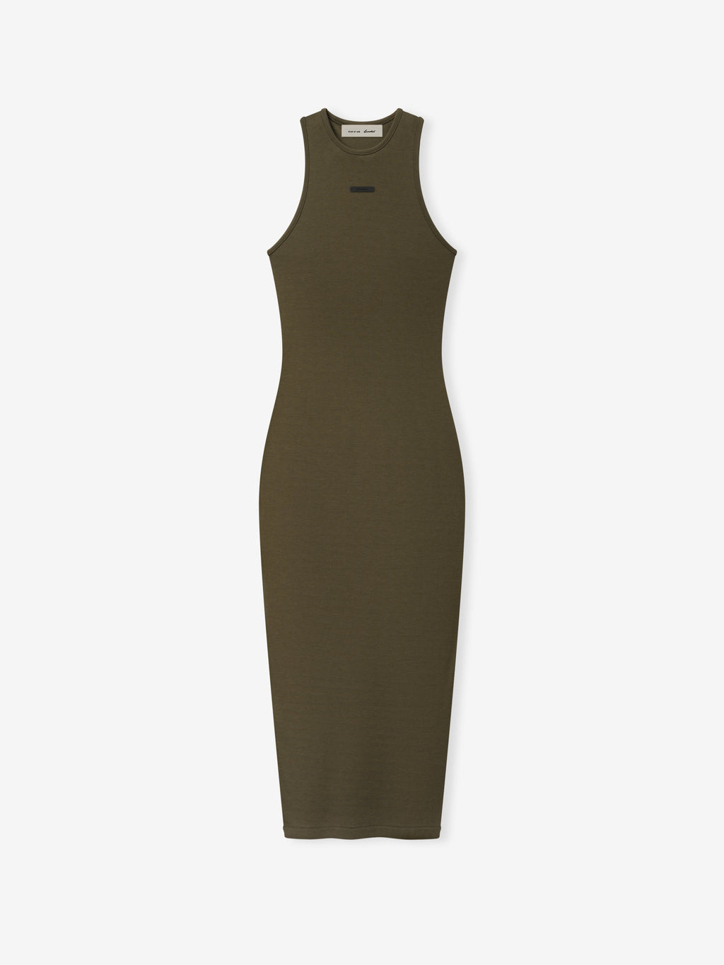 Womens Soft Rib Racerback Dress in a deep moss green shade, featuring a fitted silhouette with a ribbed texture and a stylish racerback cut for a sleek, modern look.