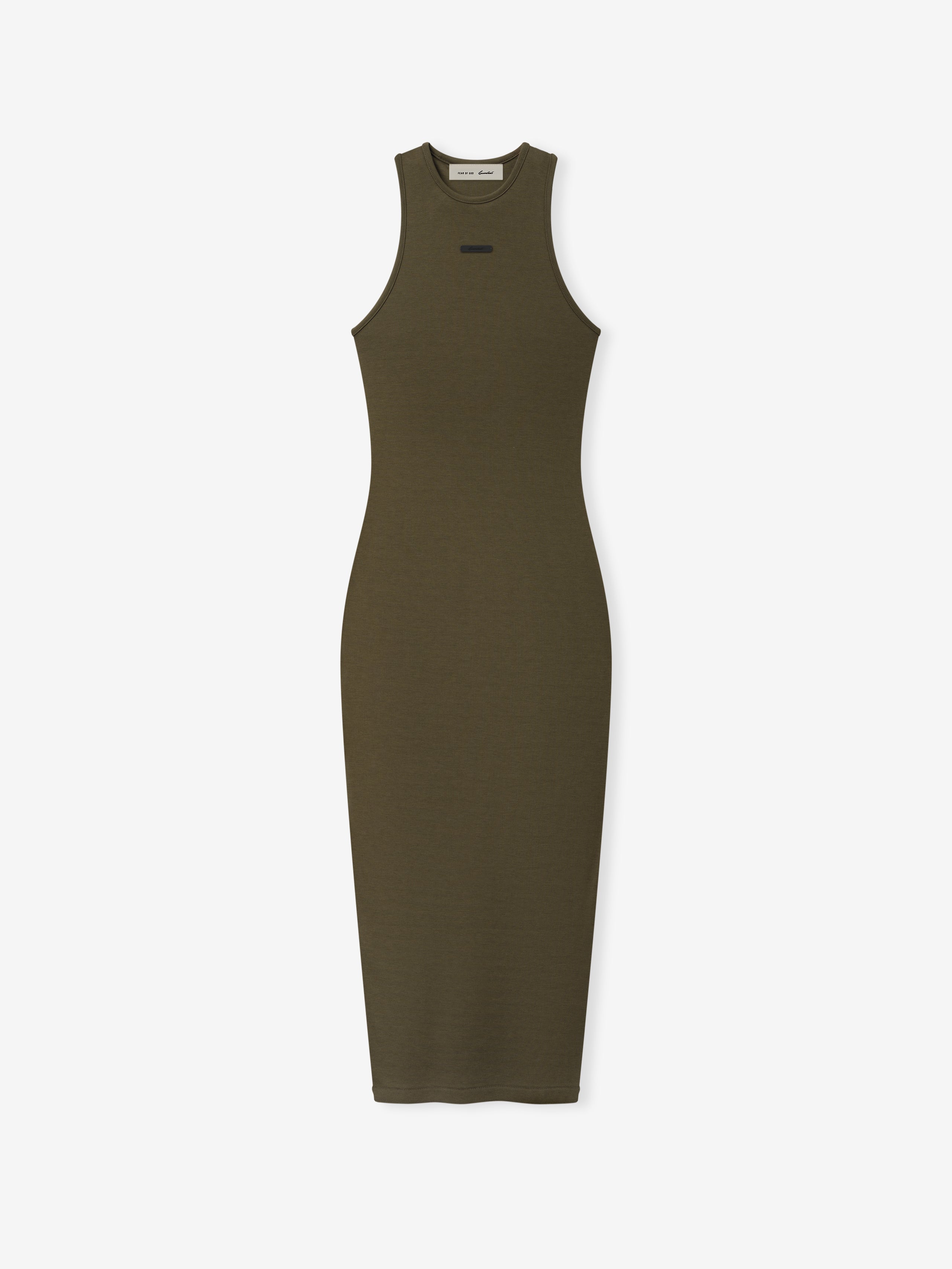 Womens Soft Rib Racerback Dress in a deep moss green shade, featuring a fitted silhouette with a ribbed texture and a stylish racerback cut for a sleek, modern look.