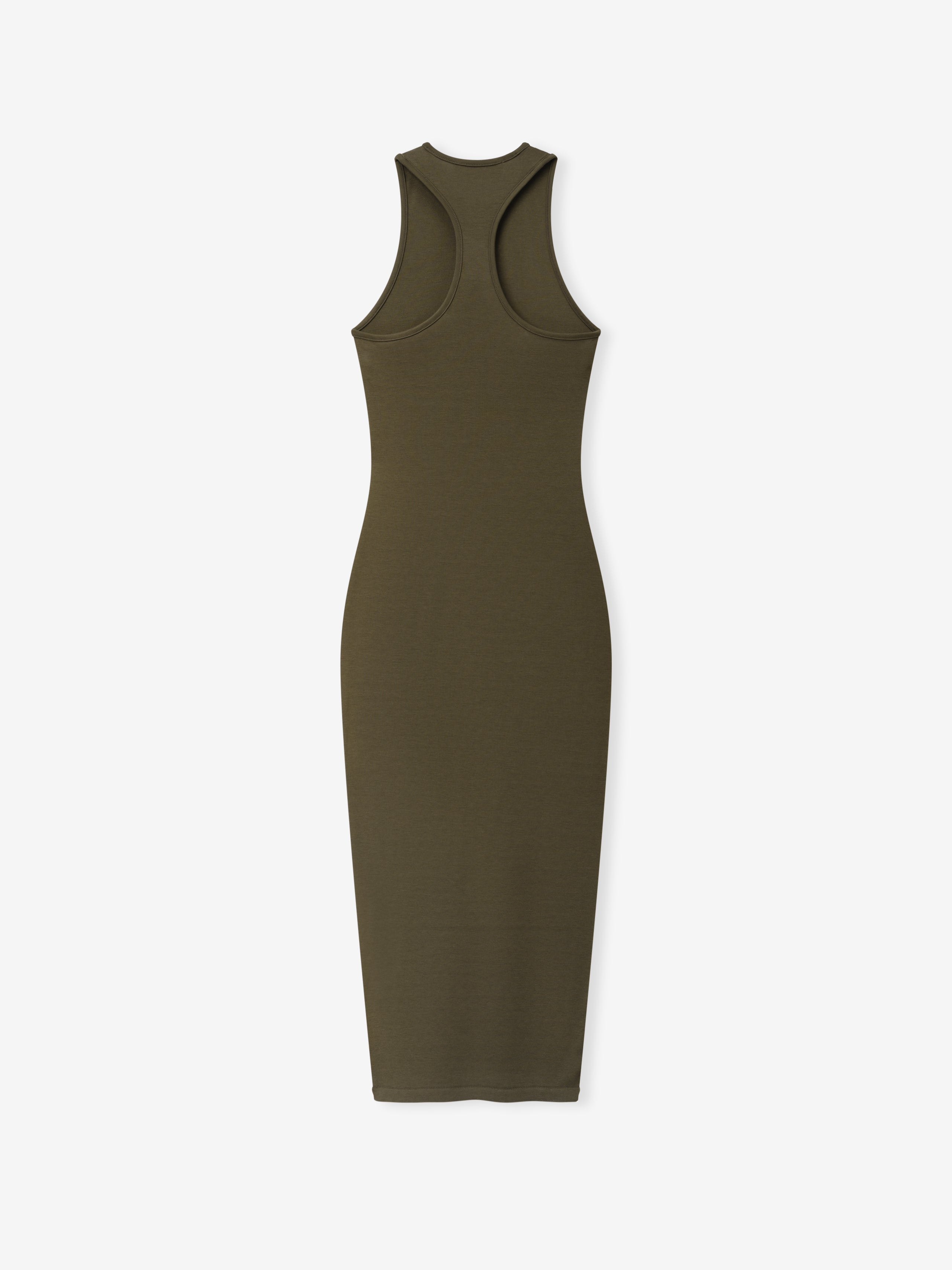 Womens Soft Rib Racerback Dress in a deep olive green hue, featuring a body-hugging fit with a textured rib fabric and a sporty racerback neckline for a modern, sleek silhouette.