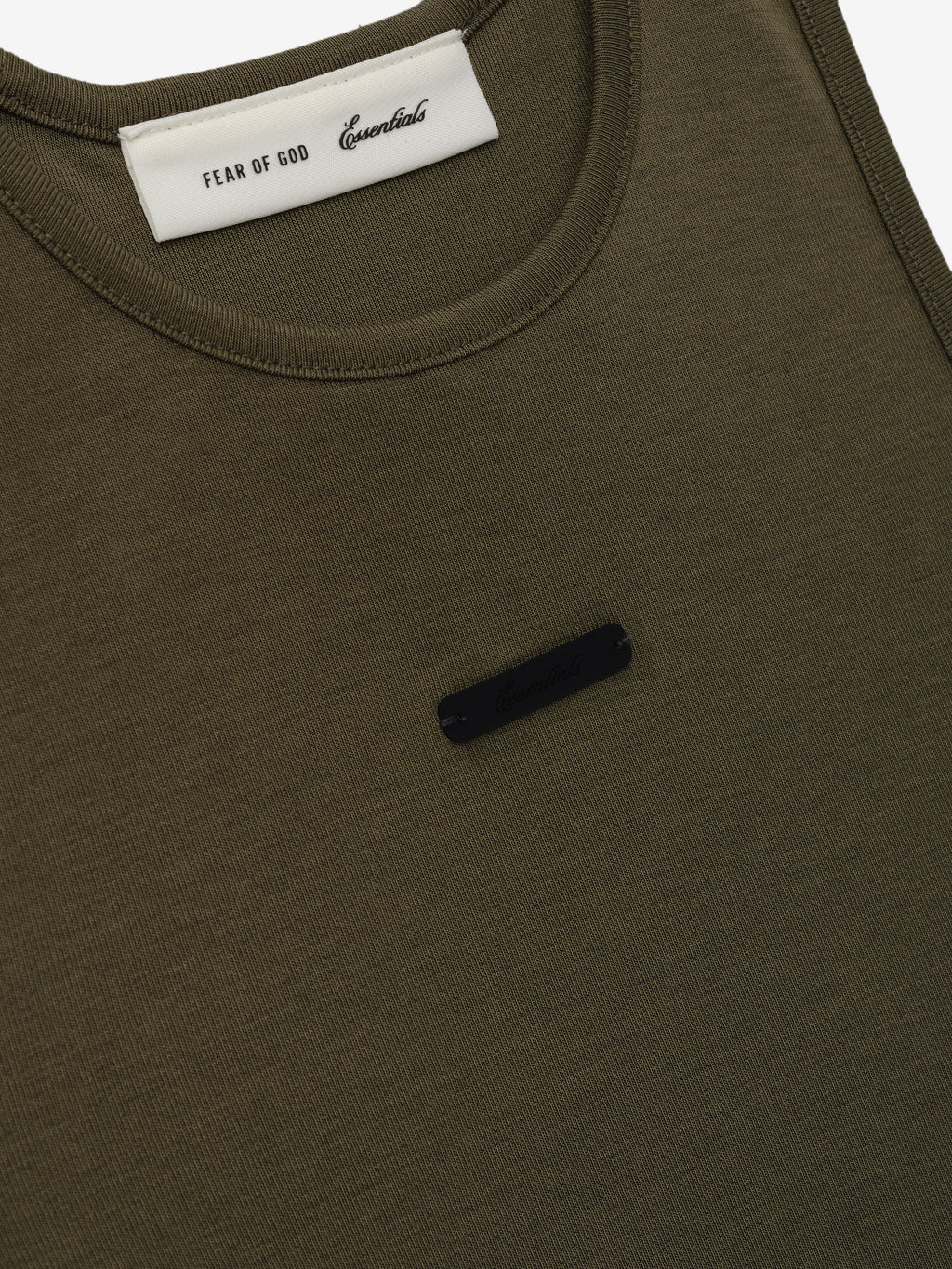 Womens Soft Rib Racerback Dress in a rich moss green shade, featuring a finely ribbed texture, a rounded neckline, and a small black logo plaque for a subtle designer touch.
