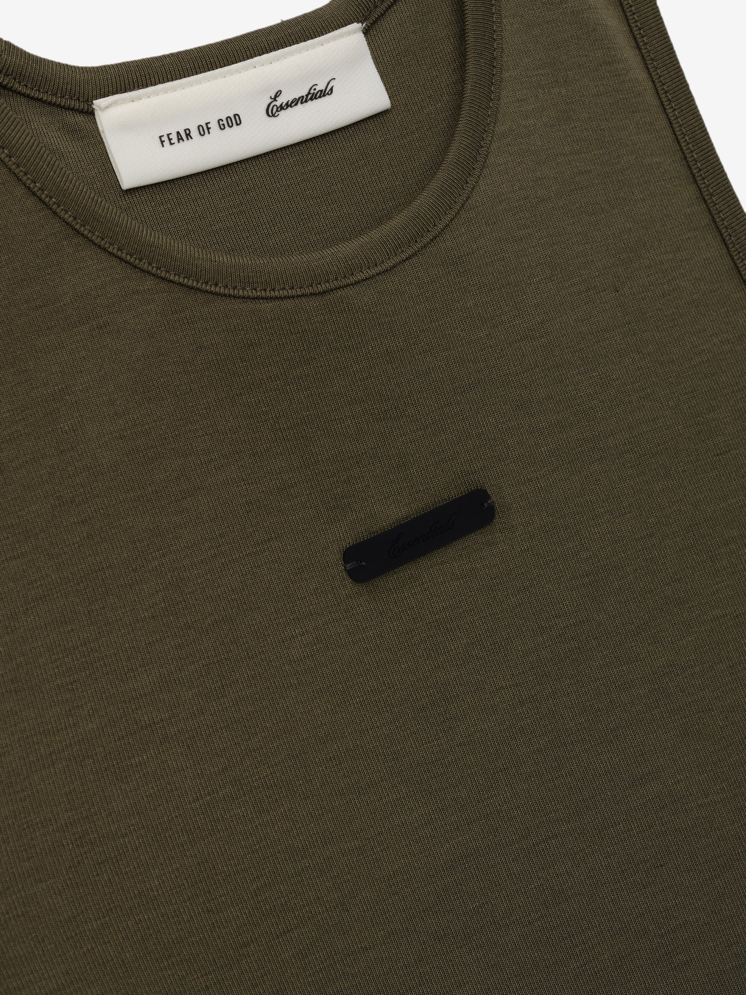 Womens Soft Rib Racerback Dress in a rich moss green shade, featuring a finely ribbed texture, a rounded neckline, and a small black logo plaque for a subtle designer touch.