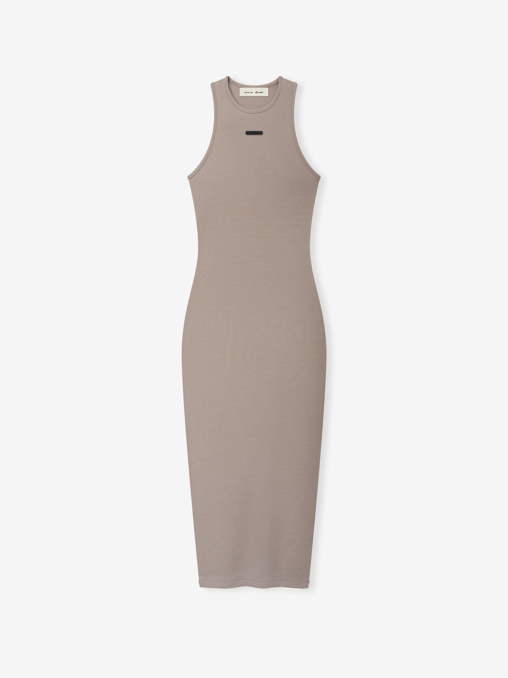 Soft Rib Racerback Dress in a muted taupe shade, featuring a sleek, fitted silhouette with a ribbed texture and a high neckline for a modern, minimalist look.