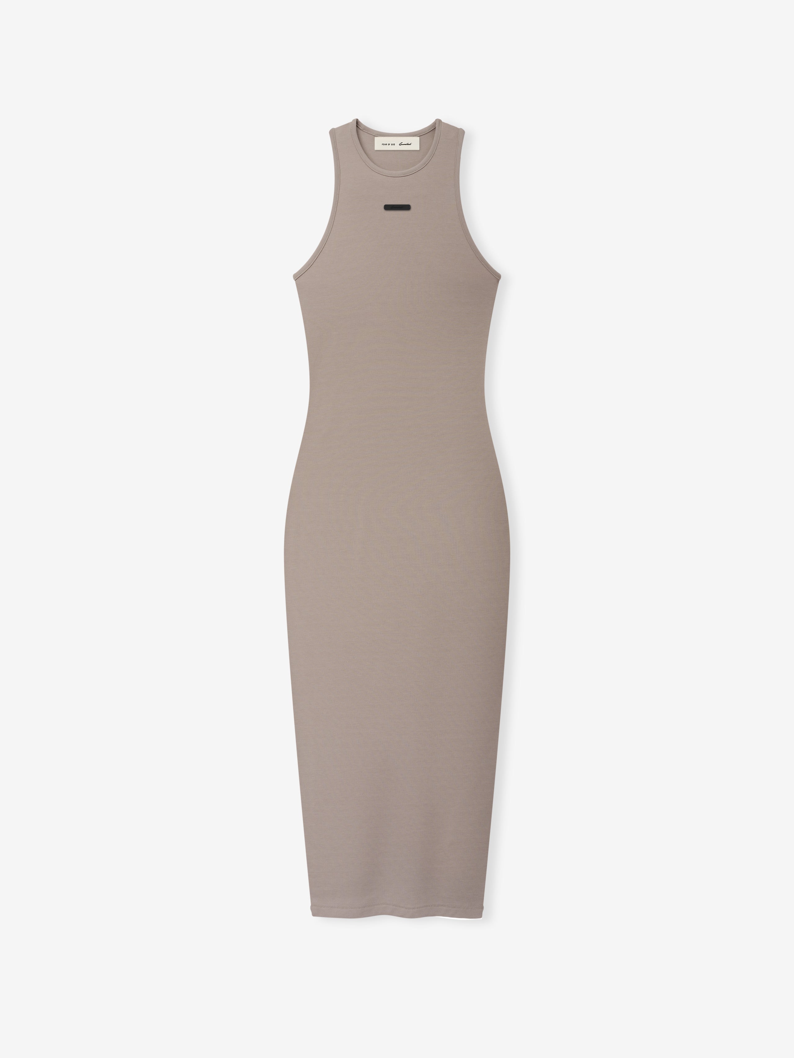 Soft Rib Racerback Dress in a muted taupe shade, featuring a sleek, fitted silhouette with a ribbed texture and a high neckline for a modern, minimalist look.