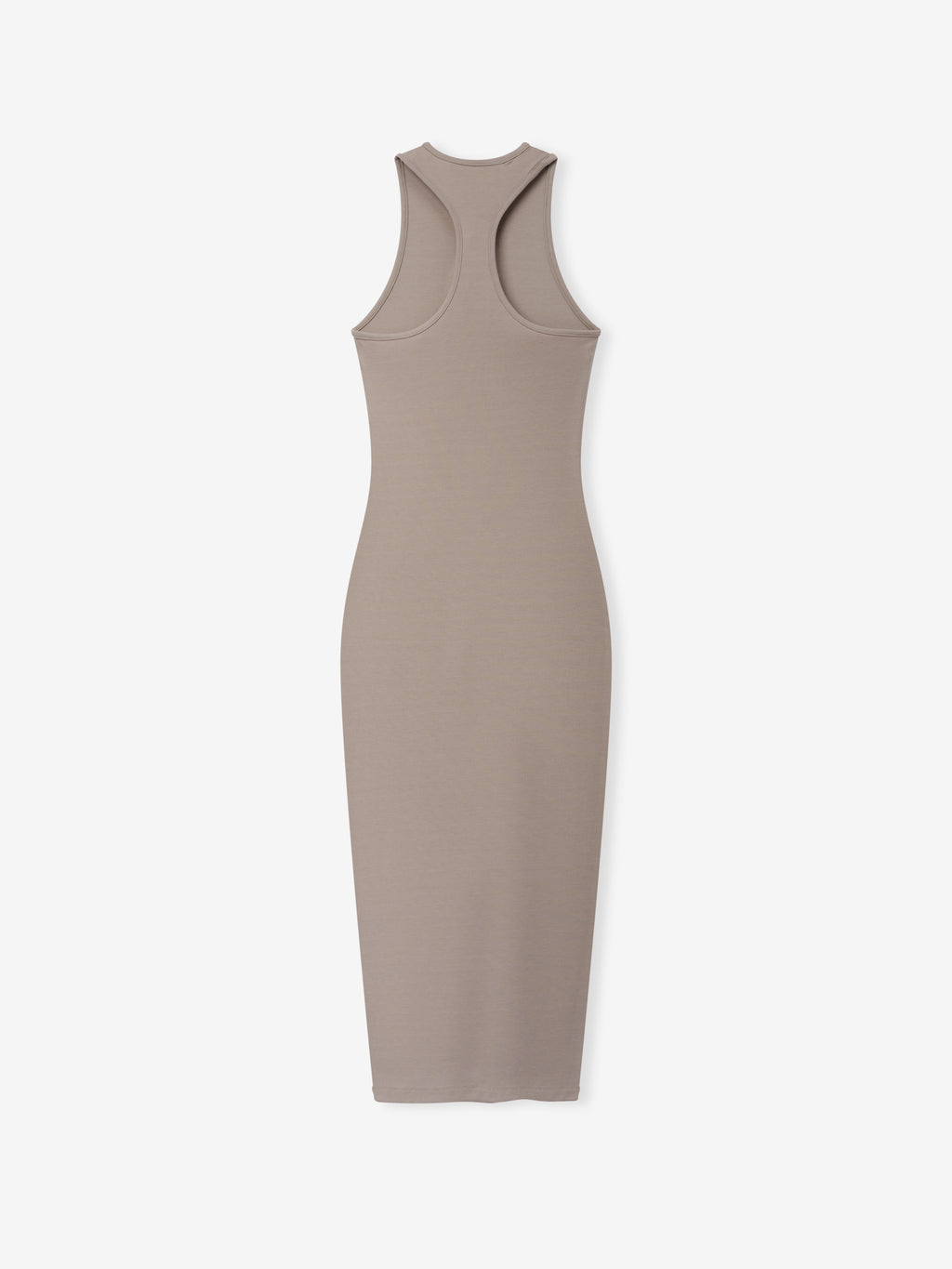 Soft Rib Racerback Dress in a muted taupe shade, featuring a streamlined fit with a smooth ribbed texture and a classic racerback design for a timeless, chic look.