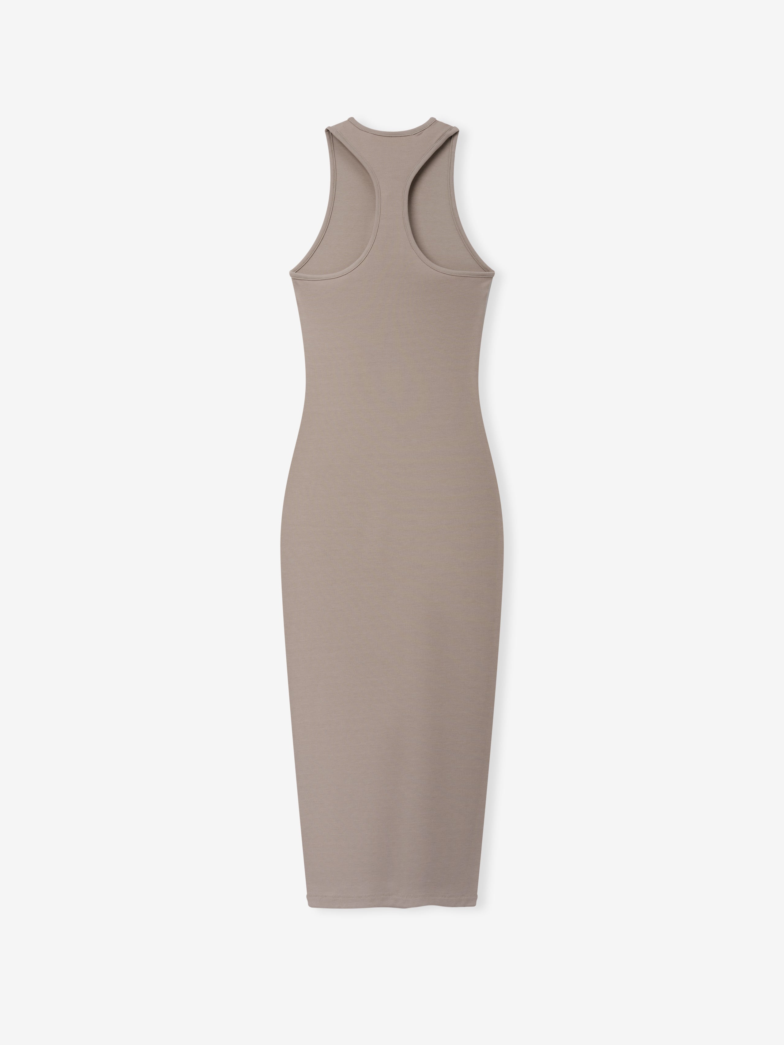 Soft Rib Racerback Dress in a muted taupe shade, featuring a streamlined fit with a smooth ribbed texture and a classic racerback design for a timeless, chic look.