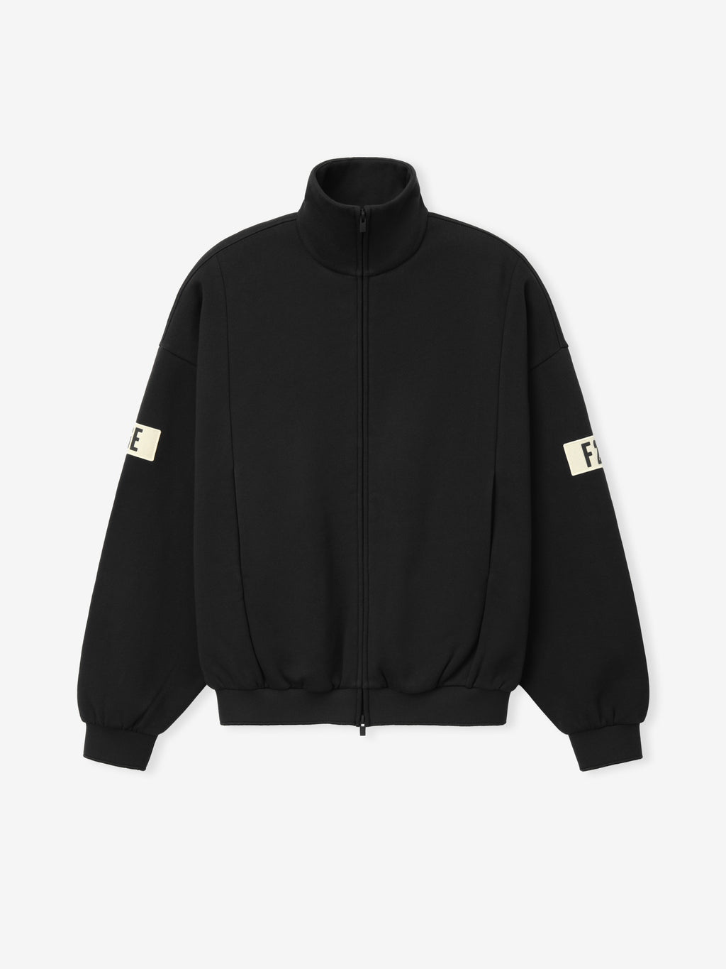 Track Jacket in black with a high collar, full zip front, elasticated hem and cuffs, featuring bold contrasting sleeve patches for a modern outerwear option.