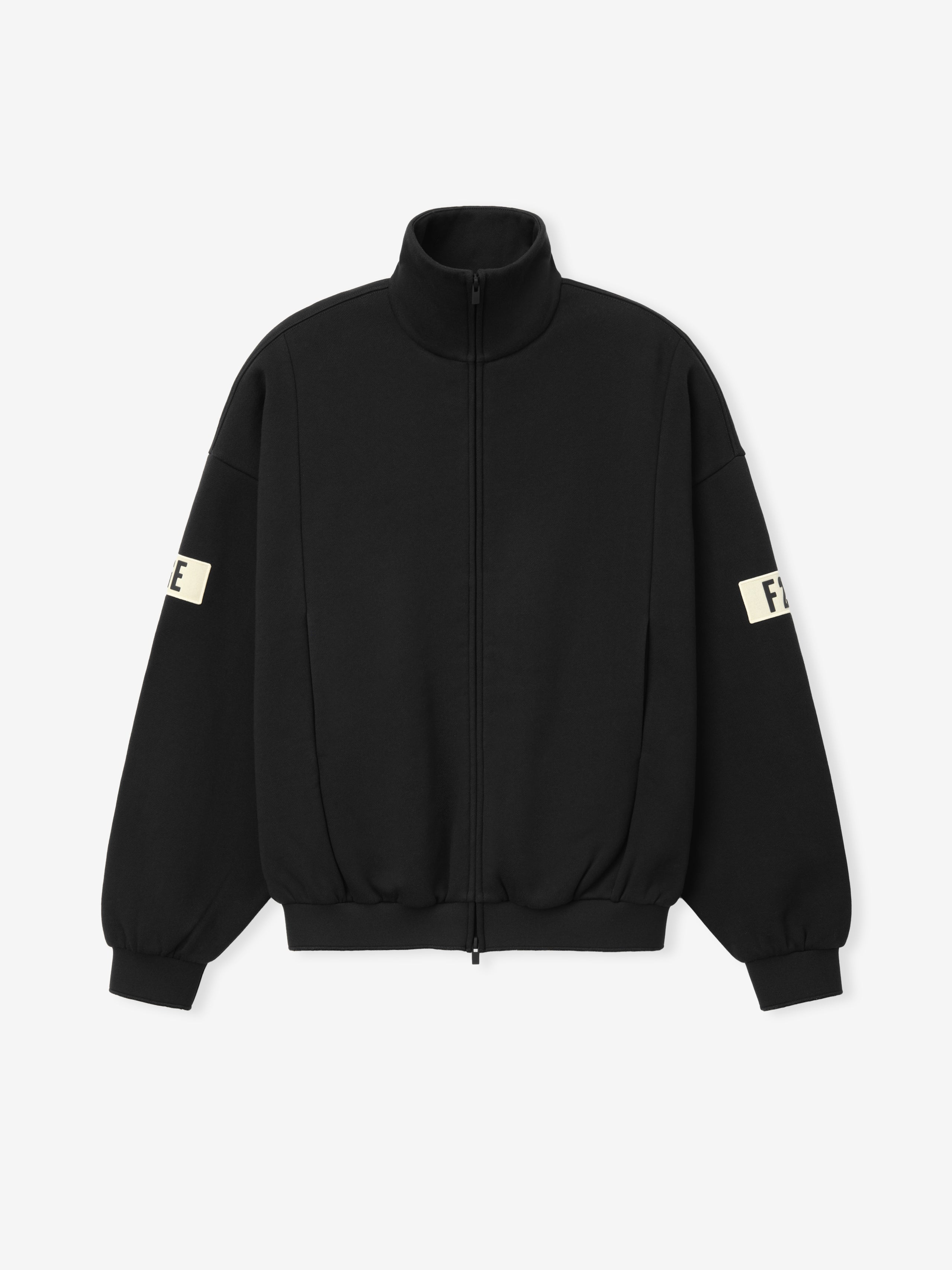 Track Jacket in black with a high collar, full zip front, elasticated hem and cuffs, featuring bold contrasting sleeve patches for a modern outerwear option.