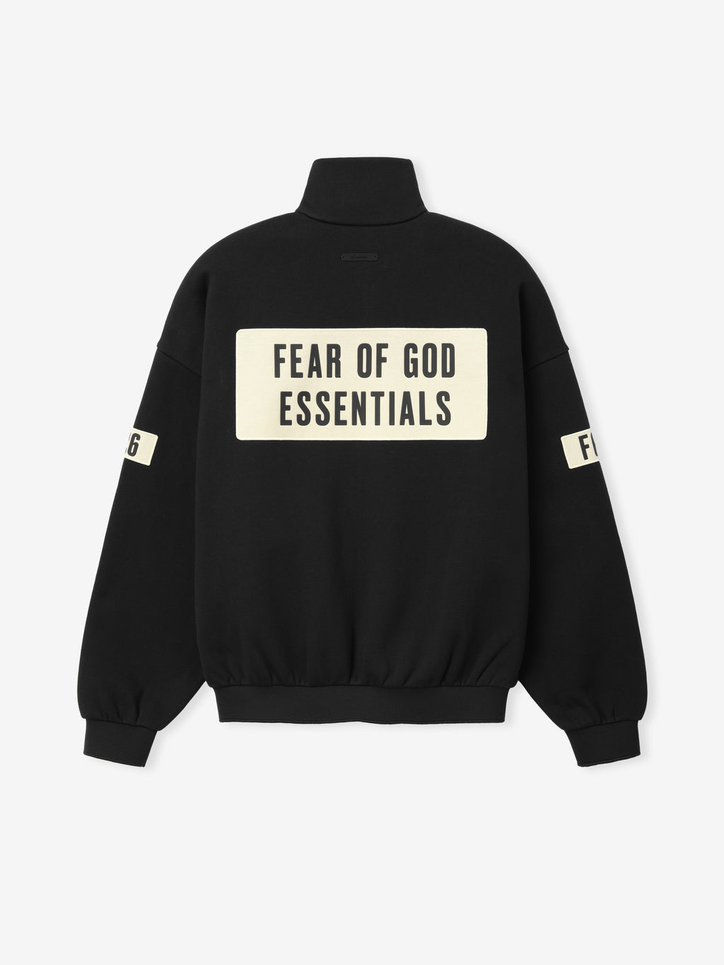 Track Jacket in black featuring a high collar with ribbed cuffs and hem, showcasing bold Fear of God Essentials branding on the back and sleeves for standout outerwear style.