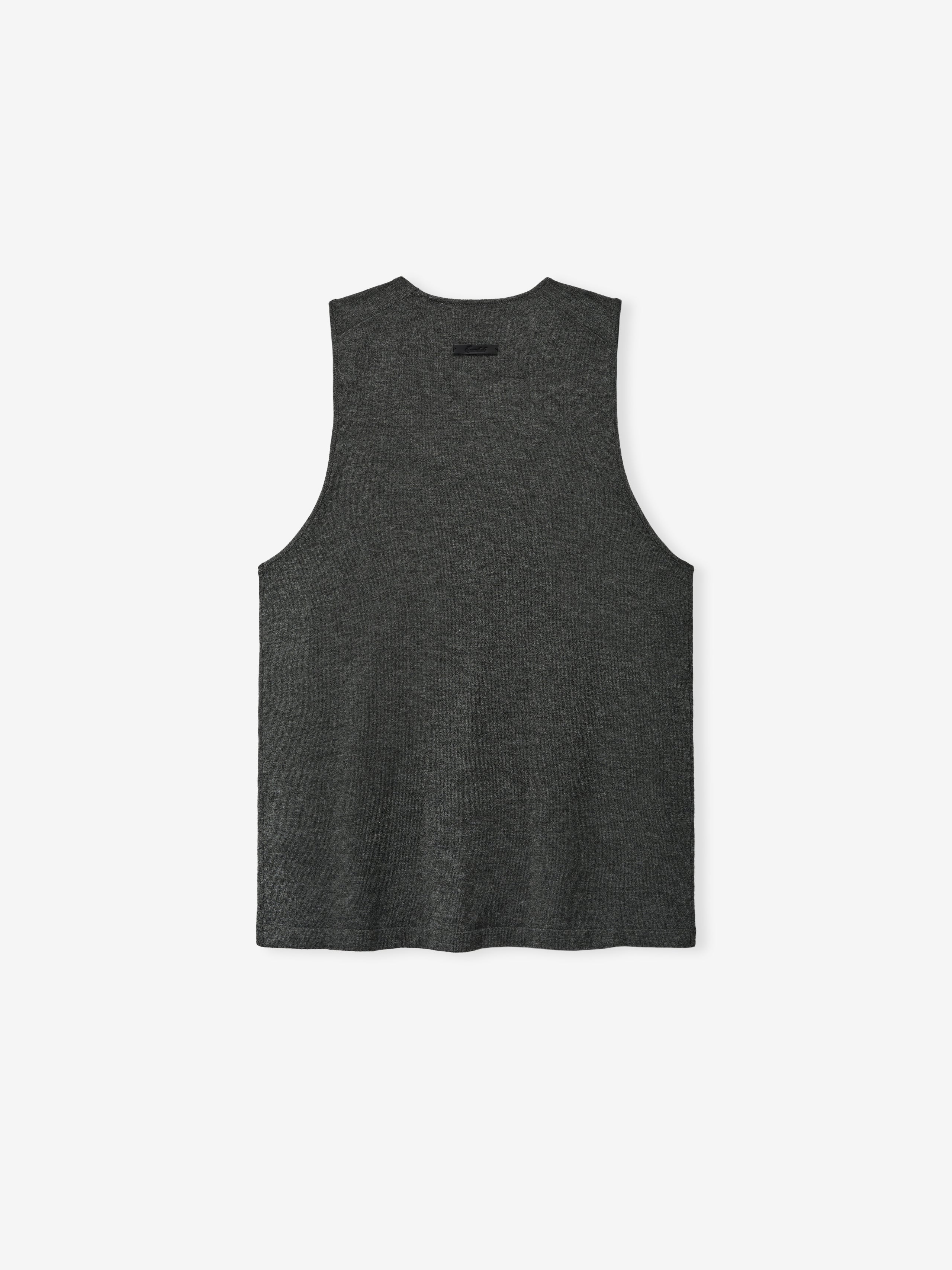 Womens Soft Knit Classic Tank in a deep iron gray hue, showcasing a smooth, soft knit fabric with a clean back design and subtle tag detail for a refined casual top.