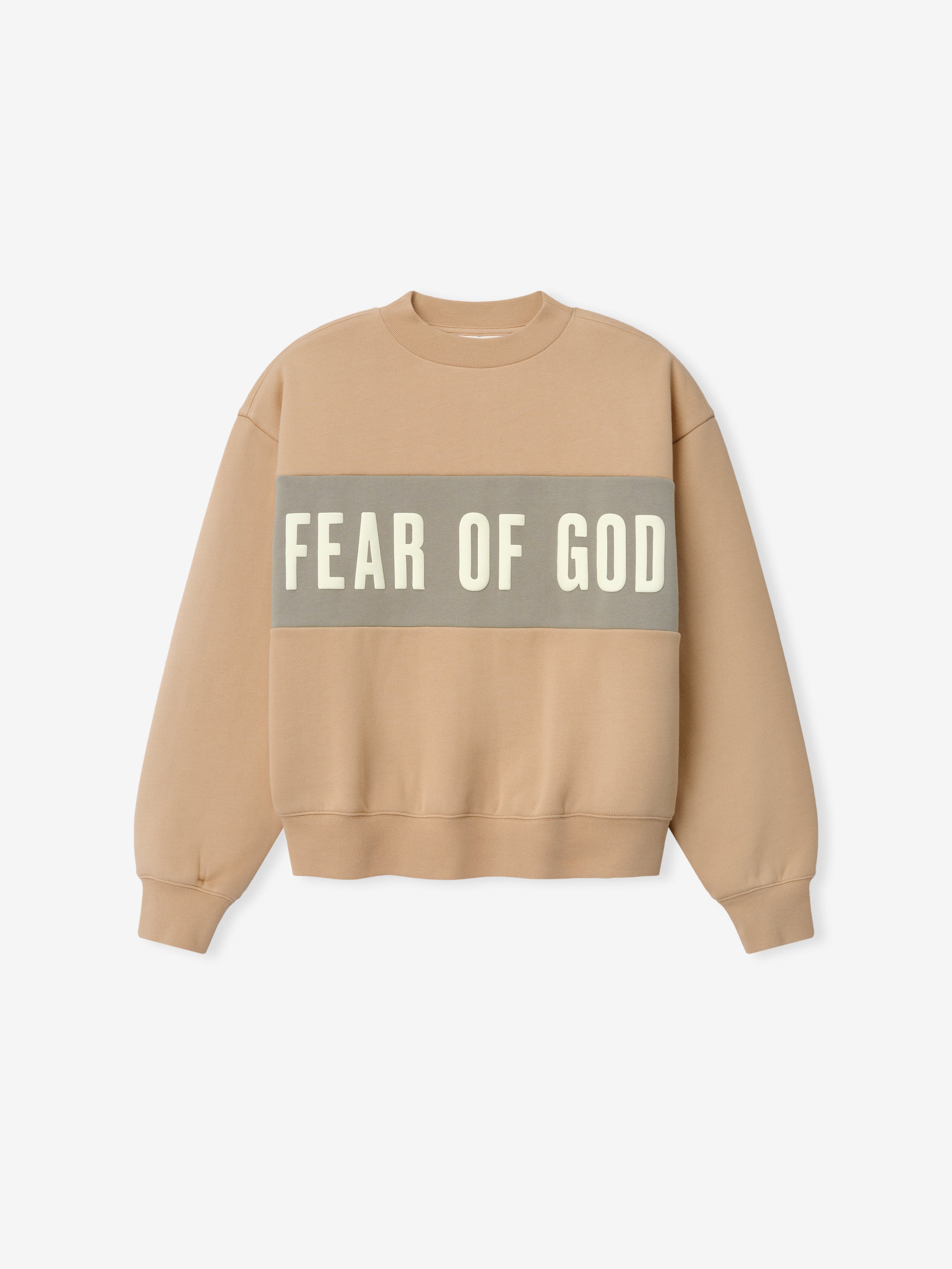 Womens Paneled Classic Sweatshirt in a warm beige tone with a contrasting gray panel across the chest featuring bold Fear of God lettering, designed with a relaxed fit and ribbed cuffs for casual outerwear.