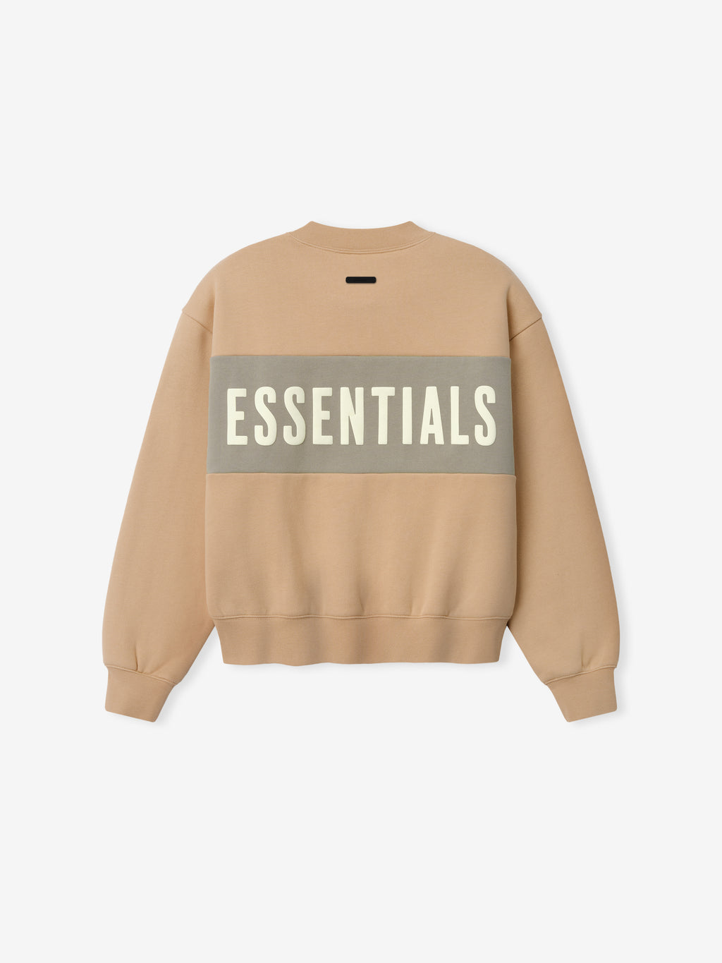 Womens Paneled Classic Sweatshirt in a warm ginger beige with a wide muted gray panel across the back featuring bold ESSENTIALS lettering, designed for comfortable outerwear.