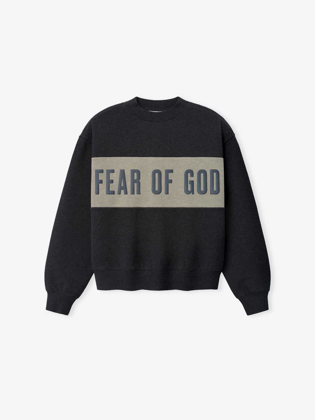 Womens Paneled Classic Sweatshirt in dark grey featuring a wide contrasting panel across the chest with bold Fear of God lettering, designed as a casual and comfortable top.