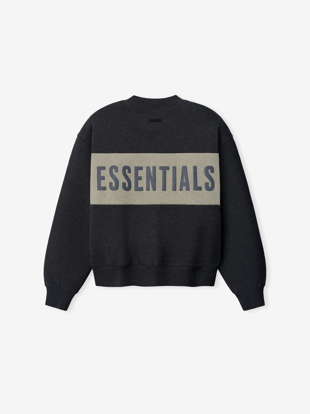 Womens Paneled Classic Sweatshirt in a dark heathered gray with a wide light gray panel across the back displaying bold ESSENTIALS lettering, crafted as a comfortable outerwear top.