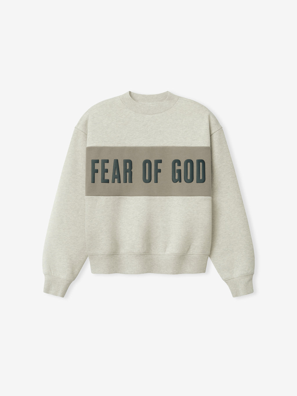 Womens Paneled Classic Sweatshirt in a light heathered beige with a wide muted taupe panel across the chest featuring bold Fear of God lettering, designed as casual outerwear.