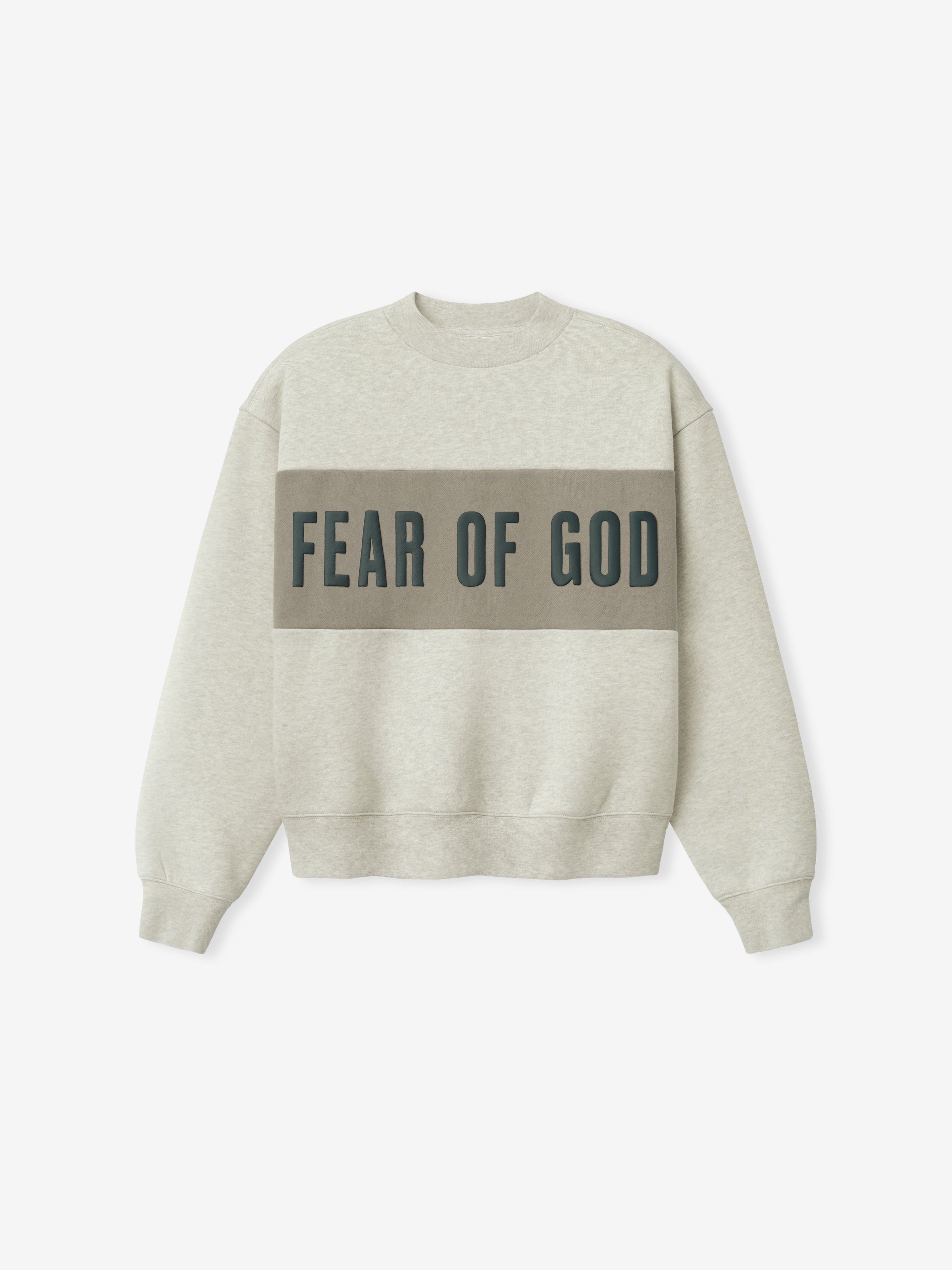 Womens Paneled Classic Sweatshirt in a light heathered beige with a wide muted taupe panel across the chest featuring bold Fear of God lettering, designed as casual outerwear.