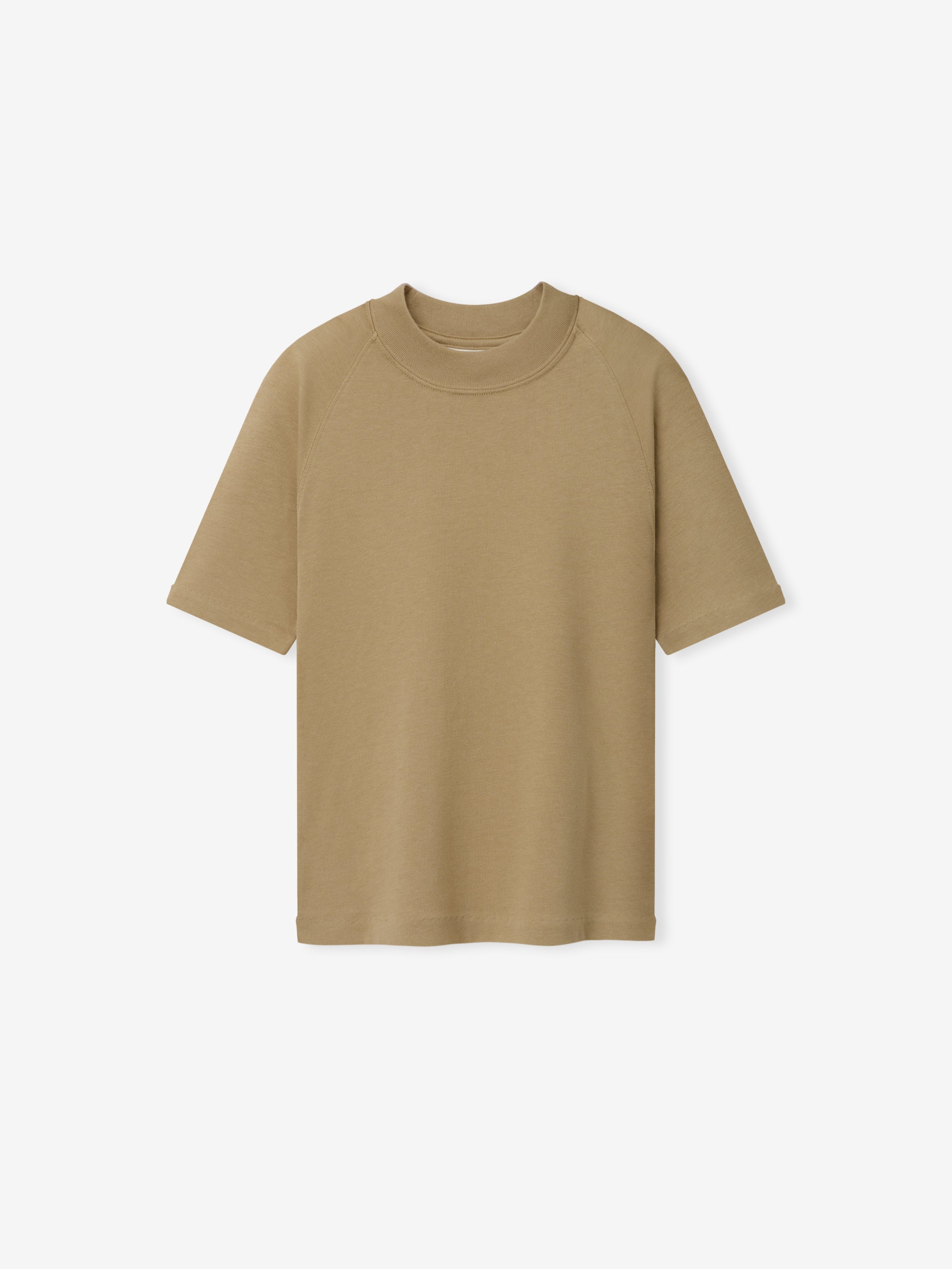 Womens Tri-Blend Shrunken Baseball Tee in a soft dune color featuring a relaxed fit with short sleeves and a classic crew neckline, crafted as a versatile casual top.