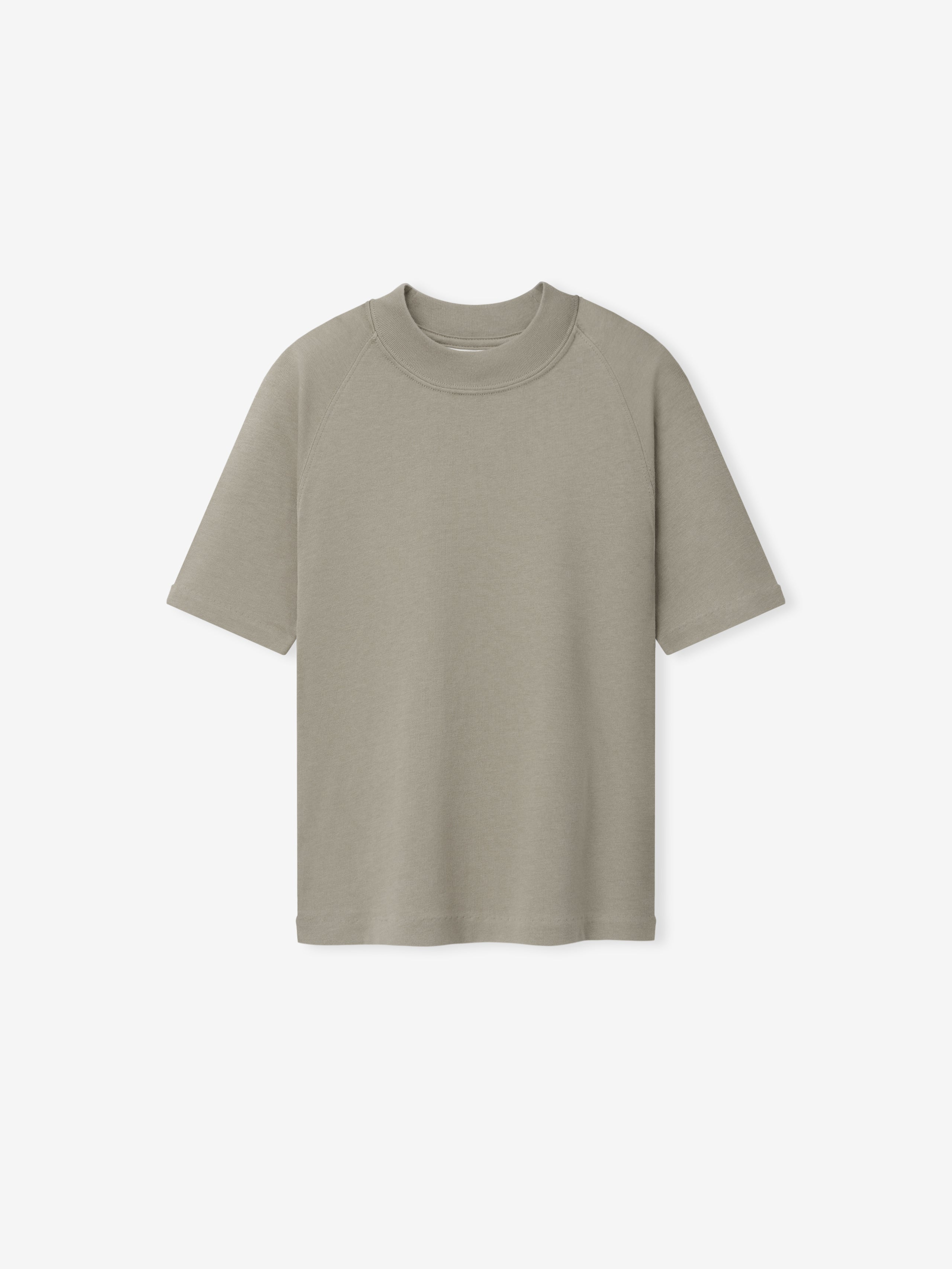 Womens Shrunken Baseball Tee in a muted taupe shade featuring a relaxed fit with elbow-length sleeves and a rounded neckline, designed as a versatile casual top.