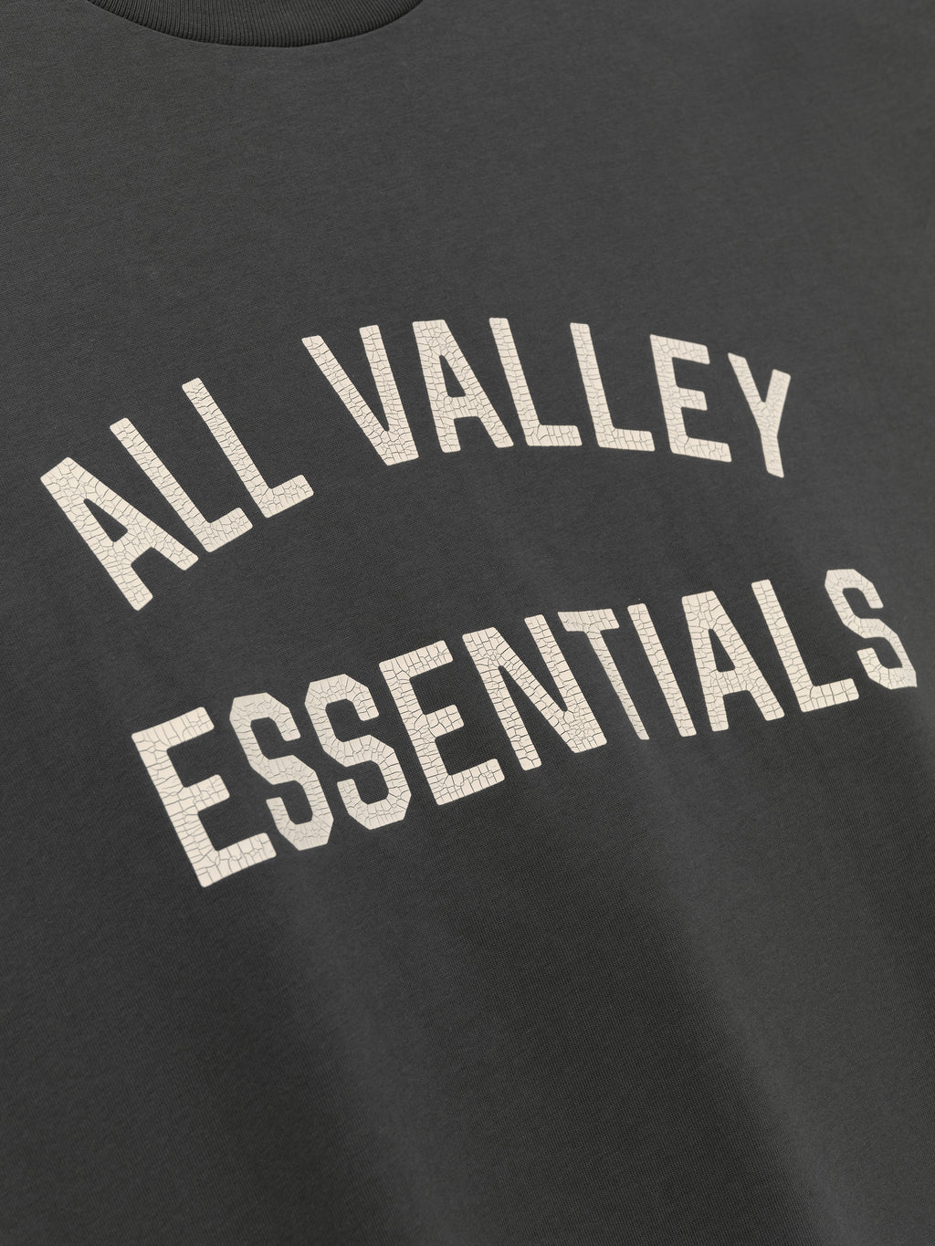 Merch Long Sleeve Tee in dark grey featuring cracked cream "ALL VALLEY ESSENTIALS" text printed on soft fabric for a comfortable casual top.