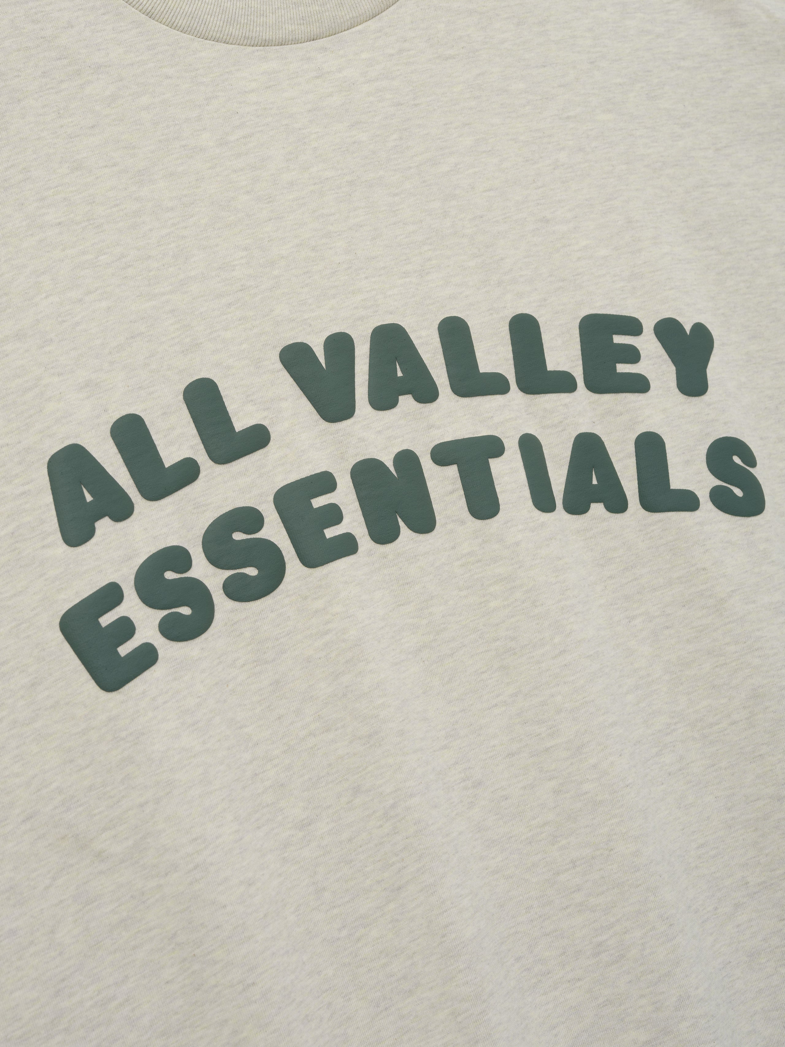 Merch Tee in light heathered neutral shade featuring soft fabric with bold dark green "ALL VALLEY ESSENTIALS" text curved across the front for a relaxed casual top.