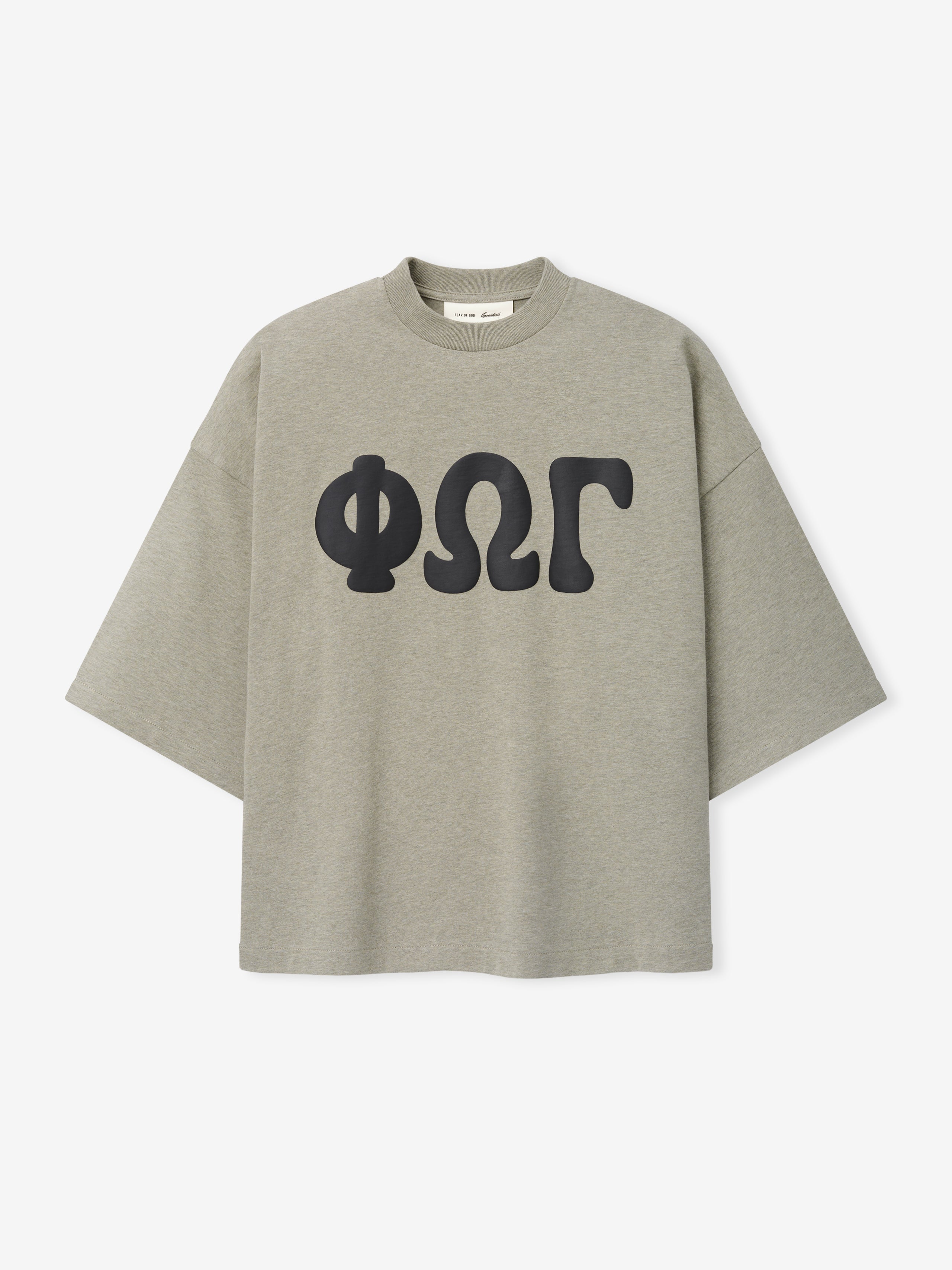 Merch Tee in muted sage green featuring a relaxed fit with wide short sleeves and bold black Greek letters printed across the front for a minimalist casual top.