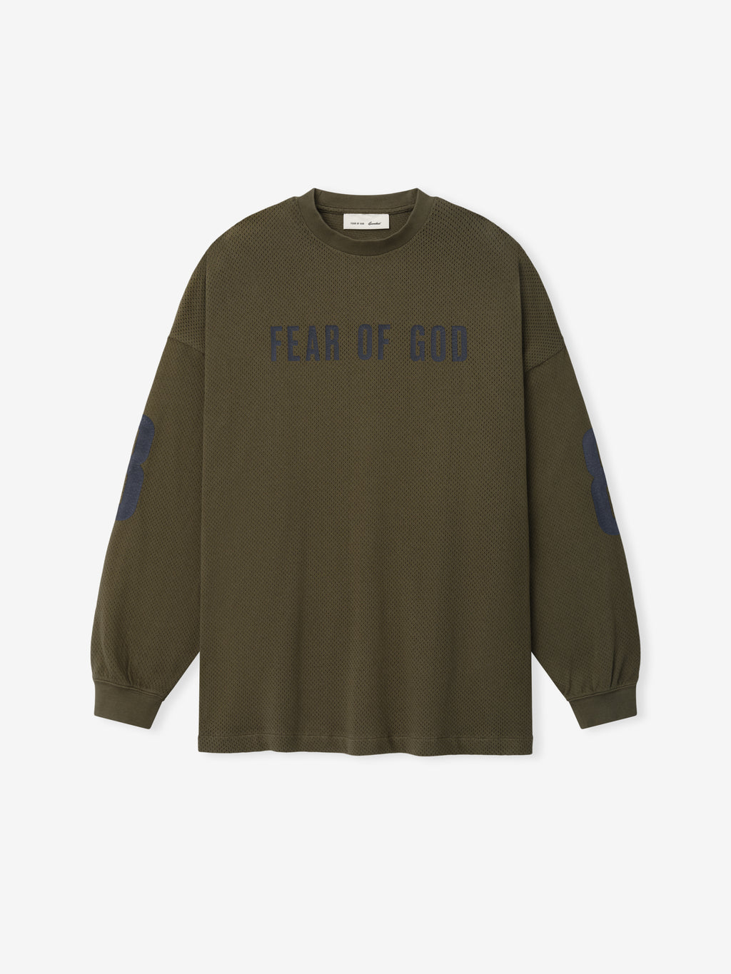 Sport Mesh Merch Long Sleeve Tee in olive mesh fabric featuring "Fear of God" text across the chest and large number 8 prints on the sleeves for a contemporary sporty look.