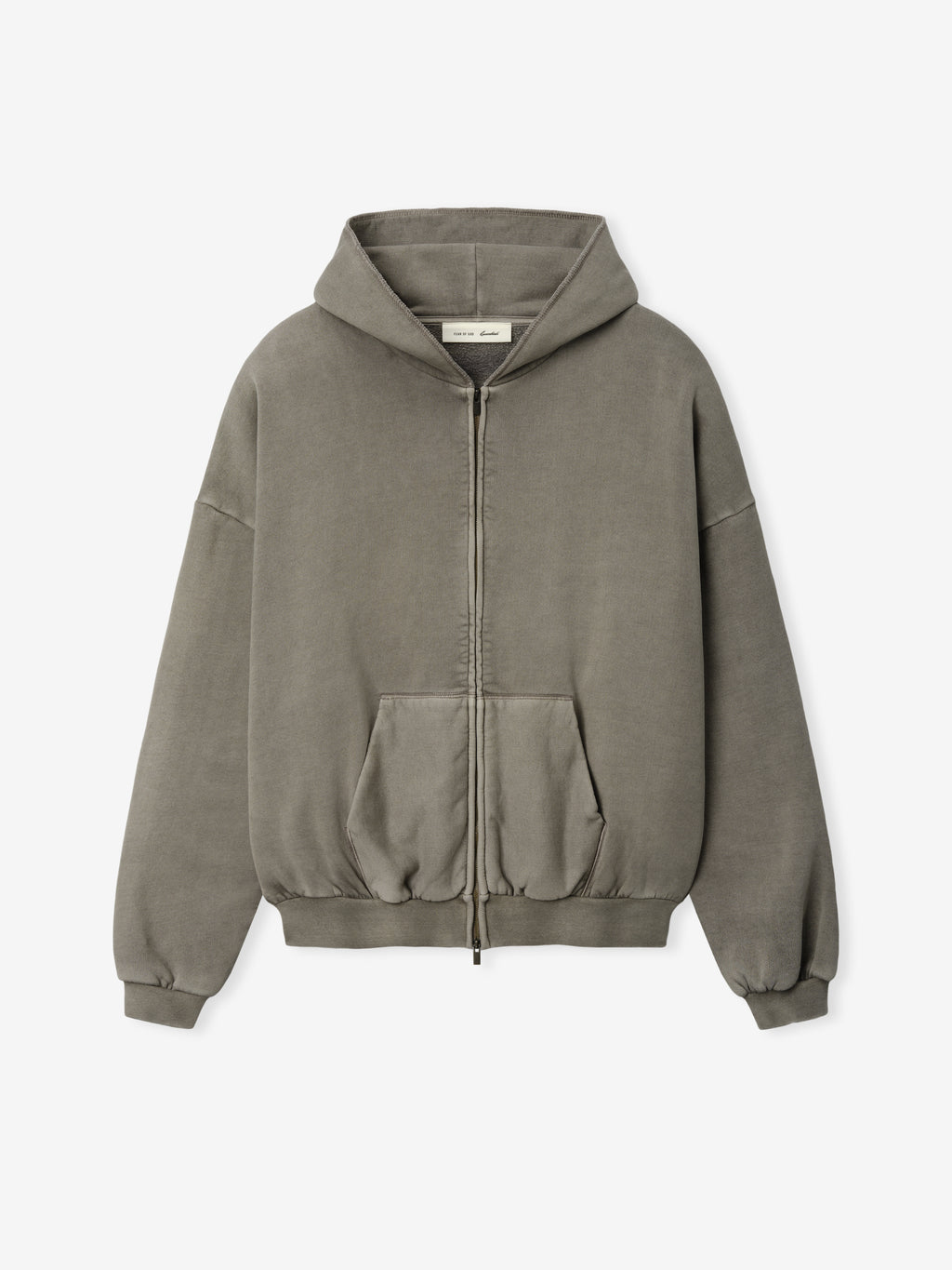 90'S Zip-Up Hoodie in a muted washed seal grey shade, featuring a relaxed fit with dropped shoulders, a full front zipper, ribbed cuffs and hem, and a front pouch pocket for outerwear.
