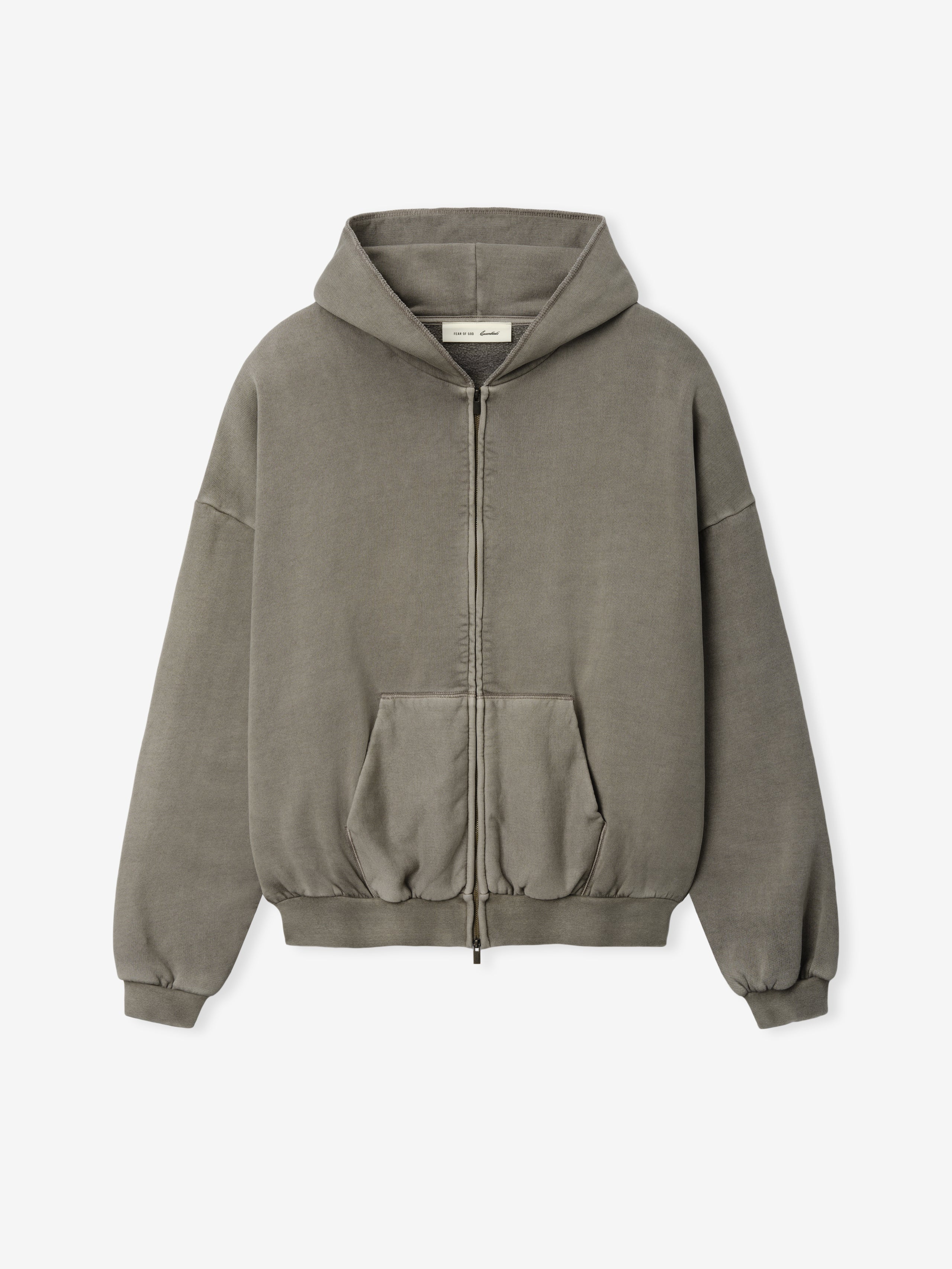 90'S Zip-Up Hoodie in a muted washed seal grey shade, featuring a relaxed fit with dropped shoulders, a full front zipper, ribbed cuffs and hem, and a front pouch pocket for outerwear.