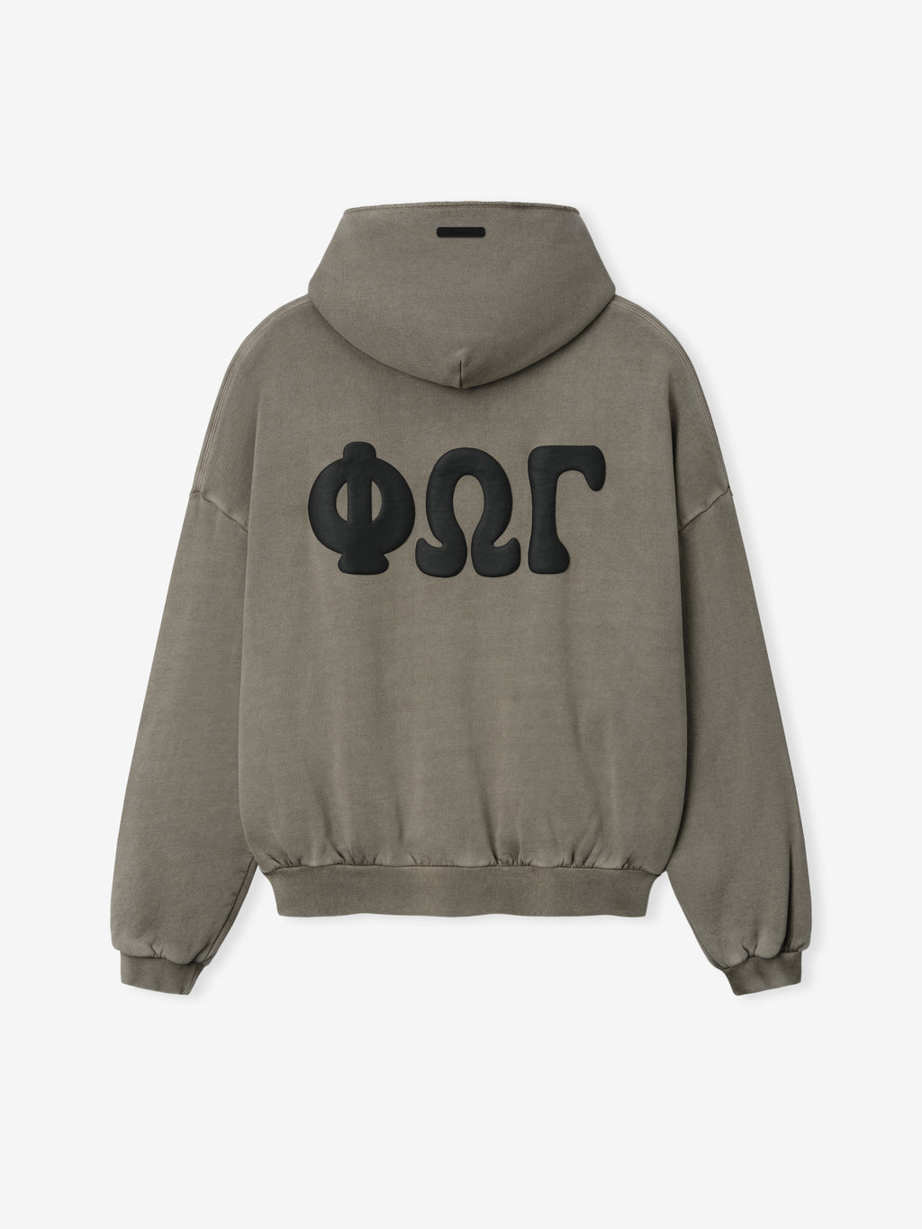 90'S Zip-Up Hoodie in a muted washed grey-green shade, featuring a relaxed fit, dropped shoulders, ribbed cuffs and hem, and large black Greek letter appliqués on the back for outerwear.