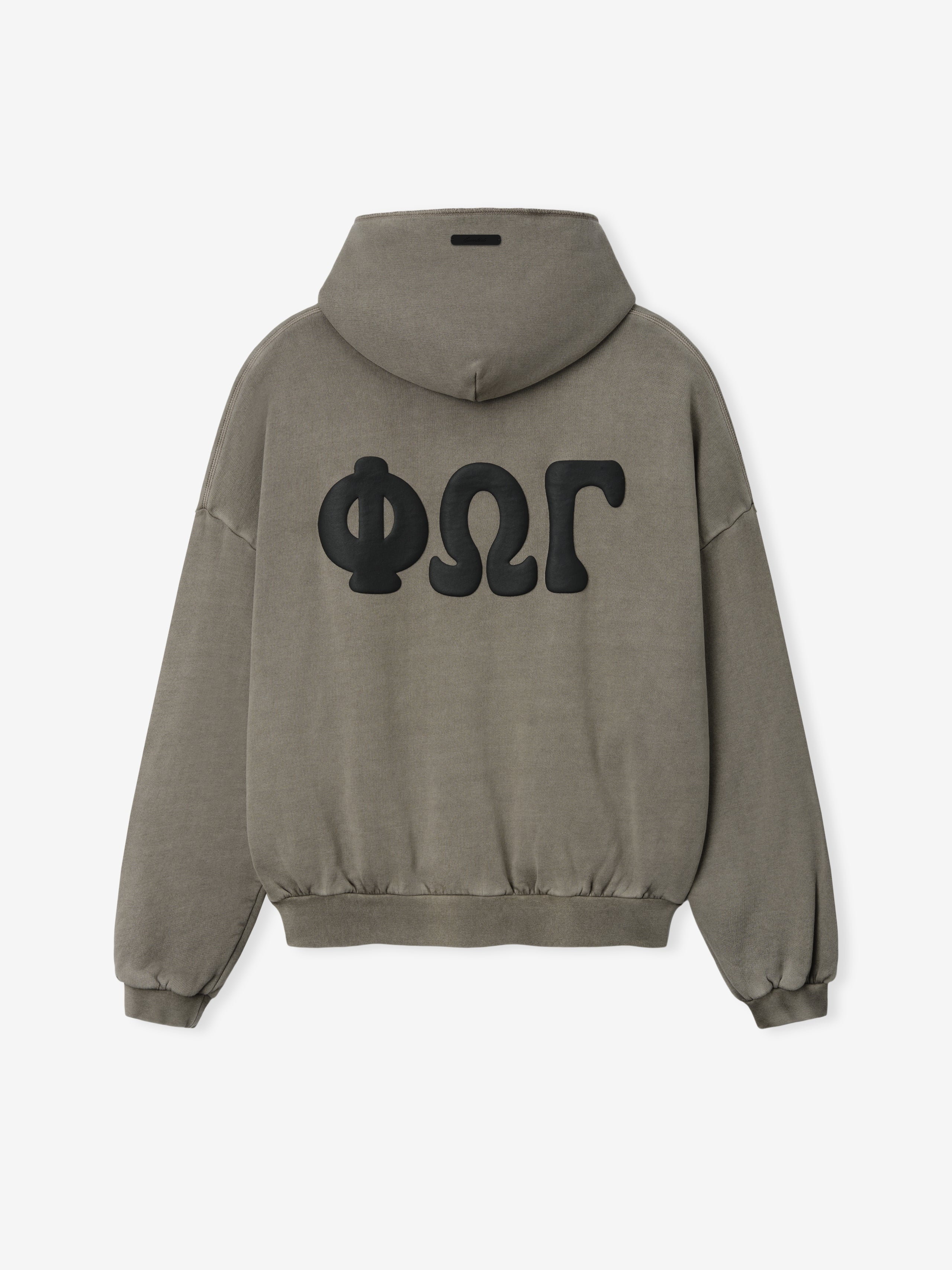 90'S Zip-Up Hoodie in a muted washed grey-green shade, featuring a relaxed fit, dropped shoulders, ribbed cuffs and hem, and large black Greek letter appliqués on the back for outerwear.