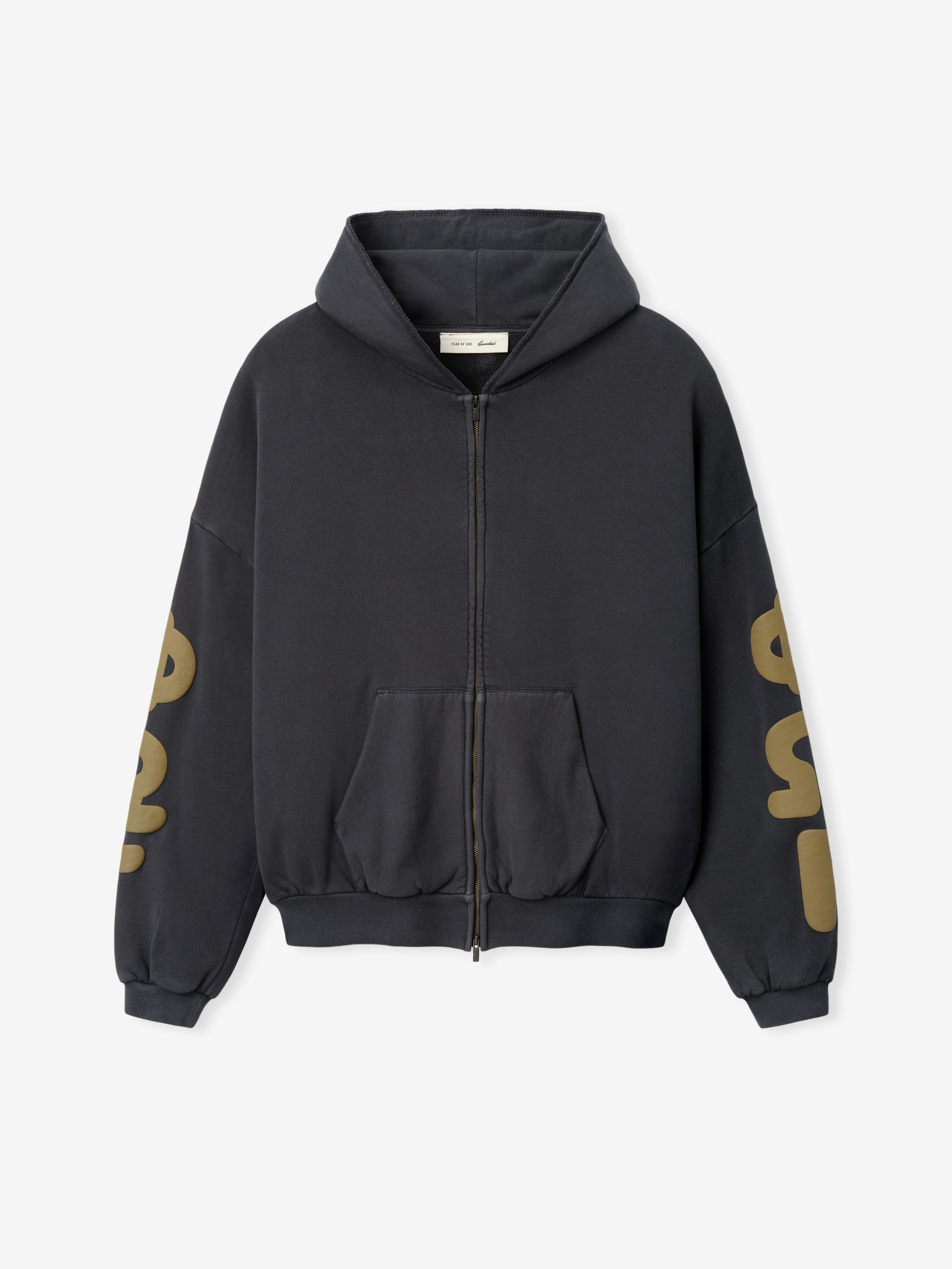 90'S Zip-Up Hoodie in a faded iron grey shade featuring a full front zipper, roomy hood, ribbed cuffs and hem, front pouch pocket, and bold graphic print along the sleeves for casual outerwear.