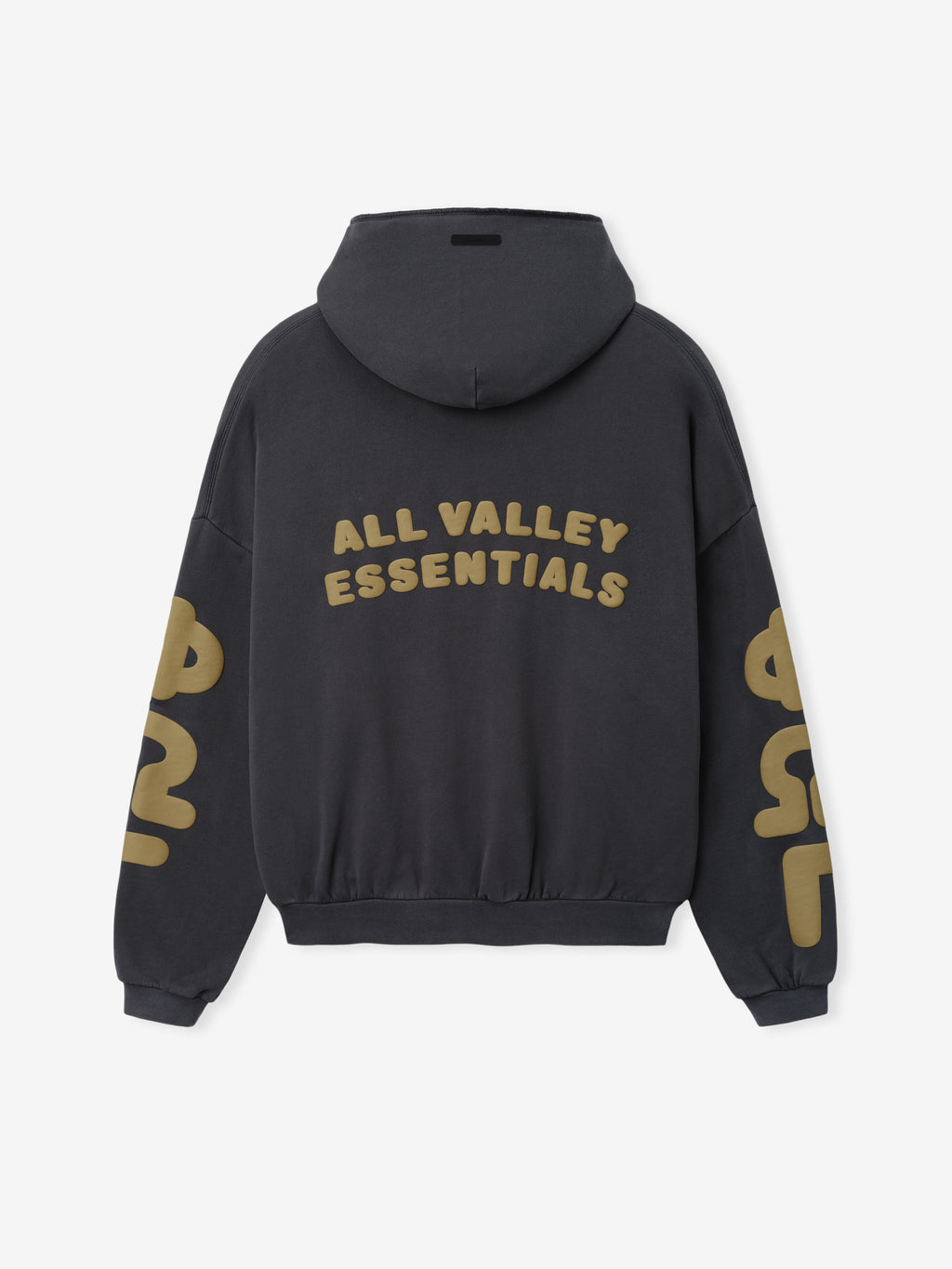 90'S Zip-Up Hoodie in a dark washed iron grey with a roomy hood, ribbed cuffs and hem, featuring bold golden graphic lettering on the back and sleeves for standout outerwear style.