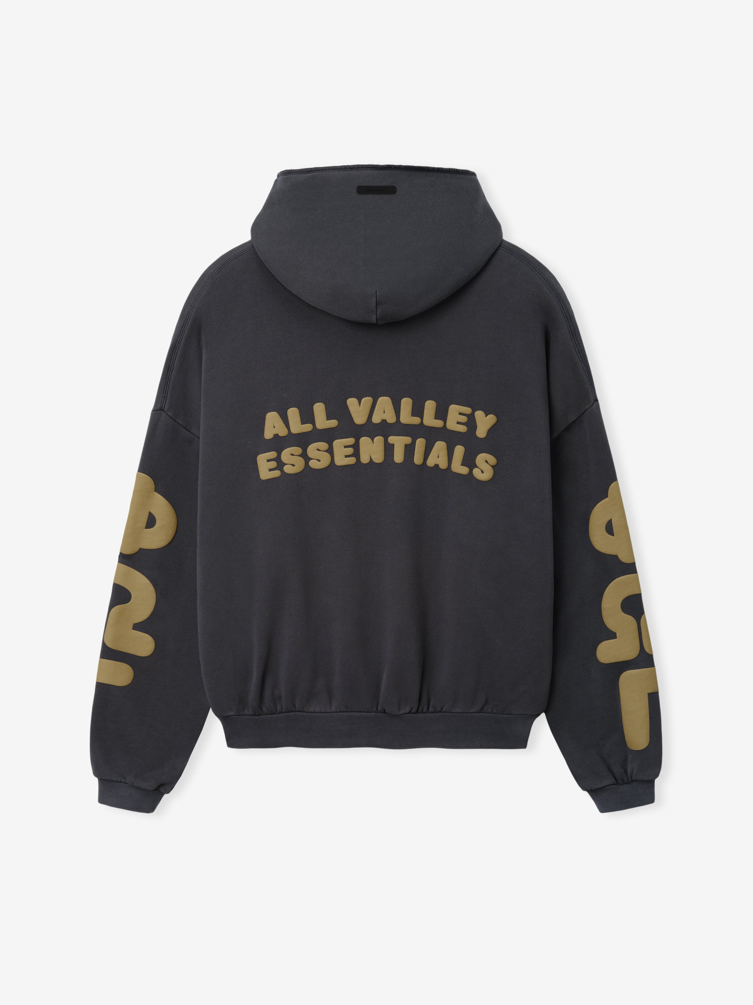 90'S Zip-Up Hoodie in a dark washed iron grey with a roomy hood, ribbed cuffs and hem, featuring bold golden graphic lettering on the back and sleeves for standout outerwear style.