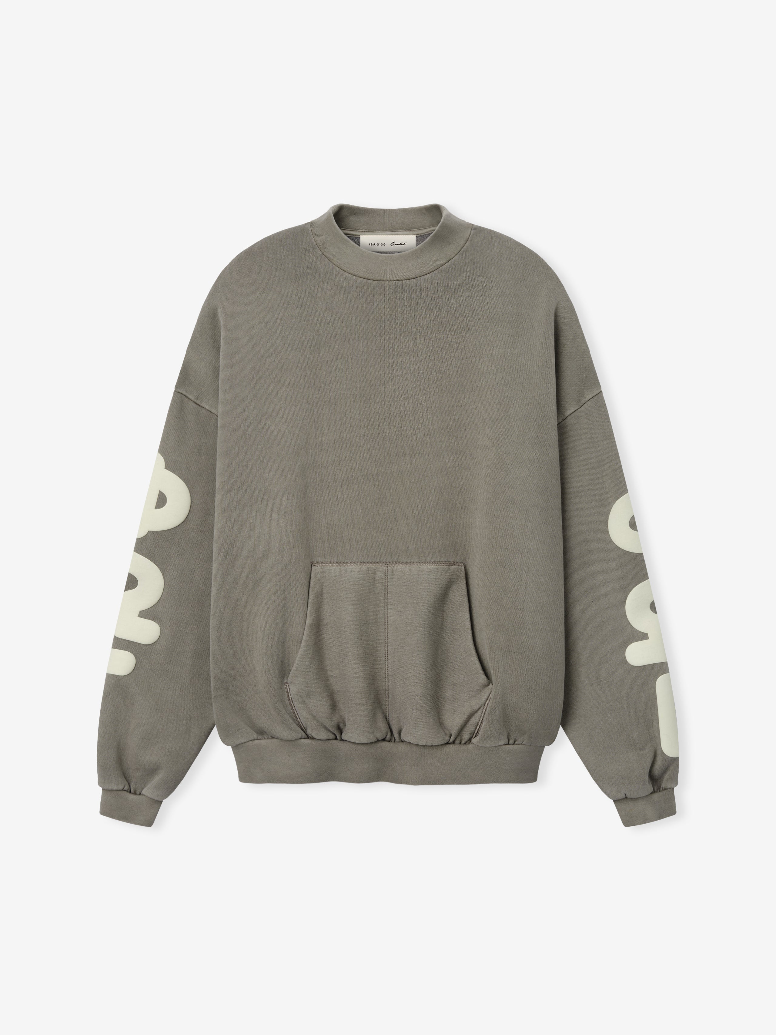 90'S Sweatshirt in a washed seal grey tone, featuring a relaxed fit with dropped shoulders, ribbed cuffs and hem, a front kangaroo pocket, and bold cream print on the sleeves.