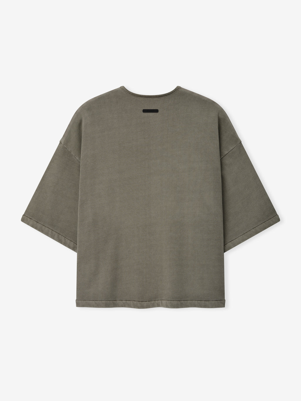 Back view of a washed seal-colored 3/4 Henley Sweatshirt with dropped shoulders, wide sleeves, and a relaxed, boxy fit made from soft fabric.