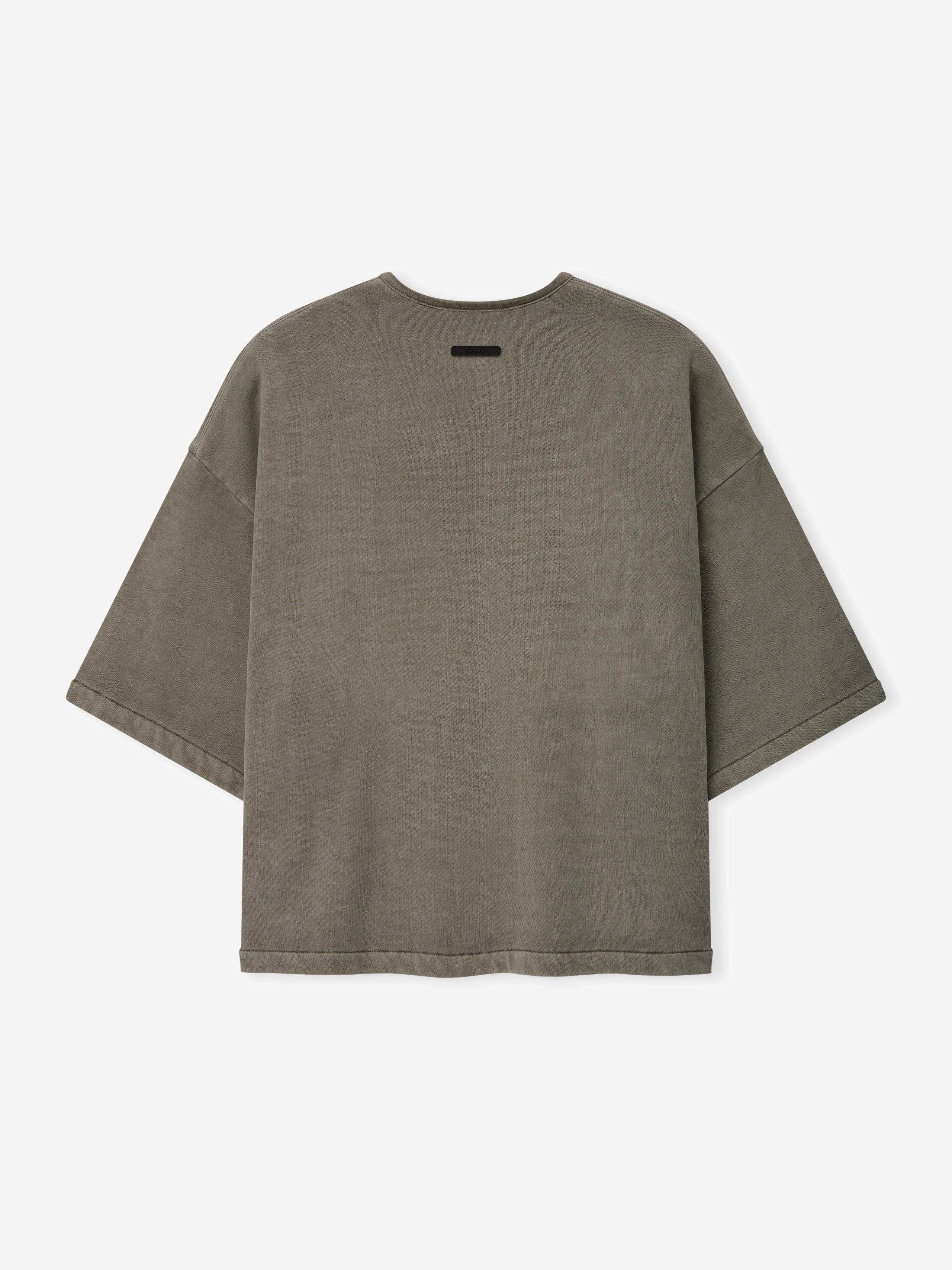 Back view of a washed seal-colored 3/4 Henley Sweatshirt with dropped shoulders, wide sleeves, and a relaxed, boxy fit made from soft fabric.
