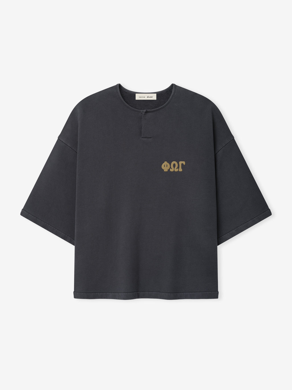 Front view of a washed dark gray 3/4 Henley Sweatshirt with a relaxed fit, short wide sleeves, a small buttoned placket at the collar, and subtle gold lettering on the chest.