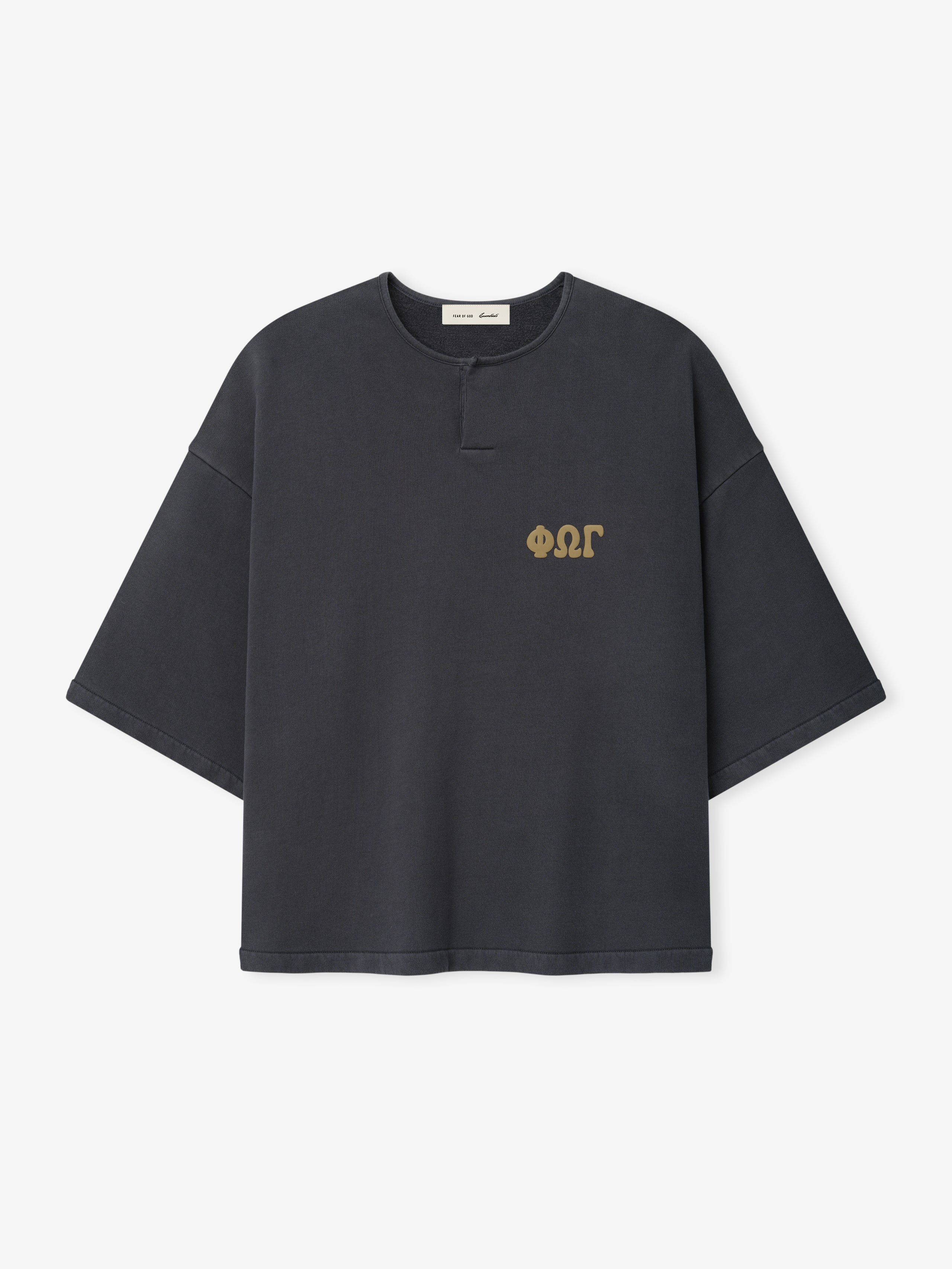 Front view of a washed dark gray 3/4 Henley Sweatshirt with a relaxed fit, short wide sleeves, a small buttoned placket at the collar, and subtle gold lettering on the chest.